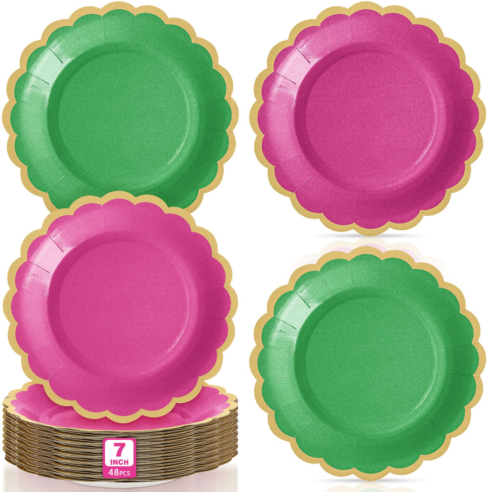 Tiangrid 48 Pcs Pink and Green Paper Plates 7 Inch Scalloped Disposable Dessert Plates for Coquette Bridal Pink Bow Wedding Birt