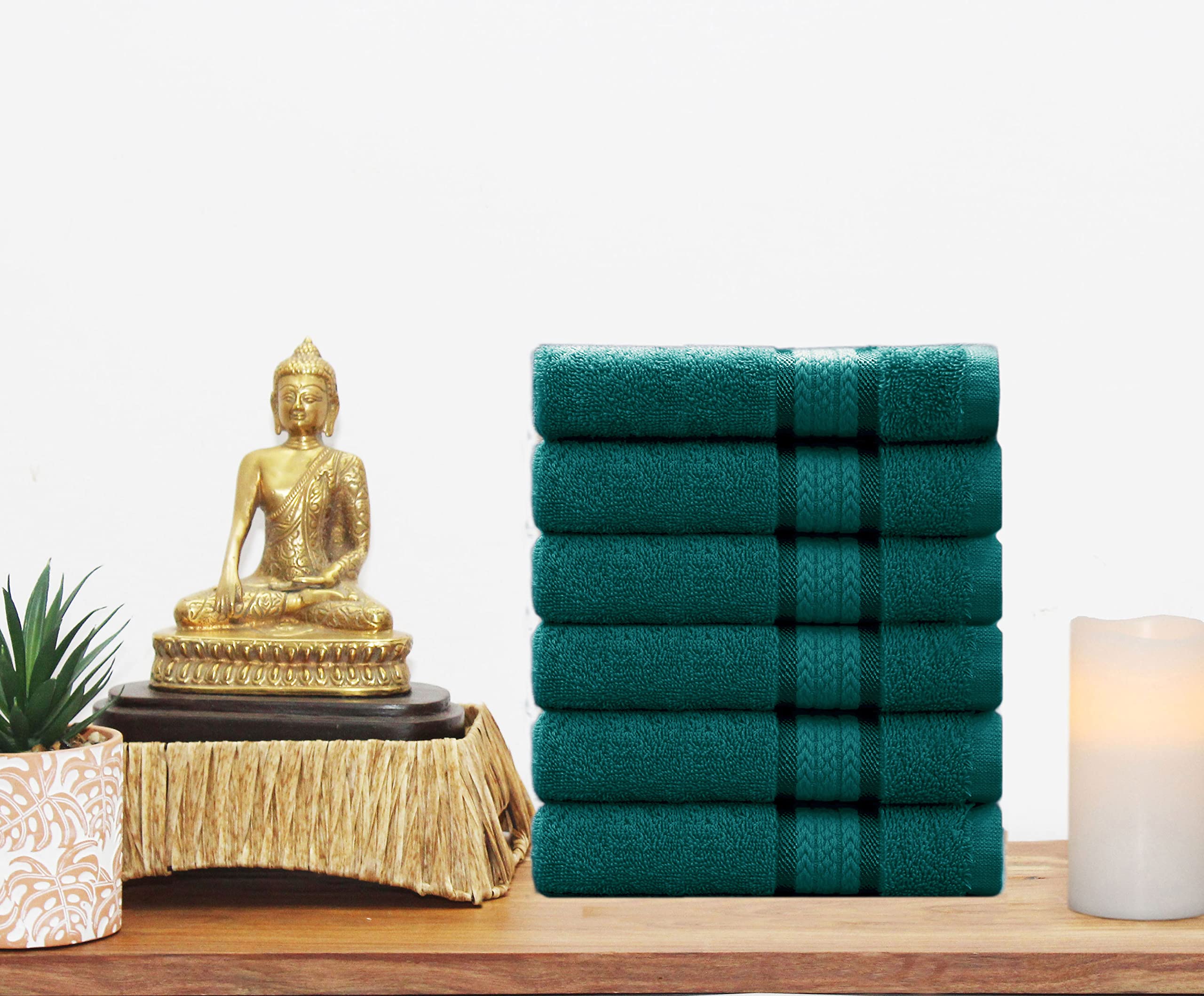 Cotton Craft Ultra Soft 6 Pack Hand Towels 16X28 Teal Weighs 6 Ounces Each - 100% Pure Ringspun Cotton - Luxurious Rayon Trim -