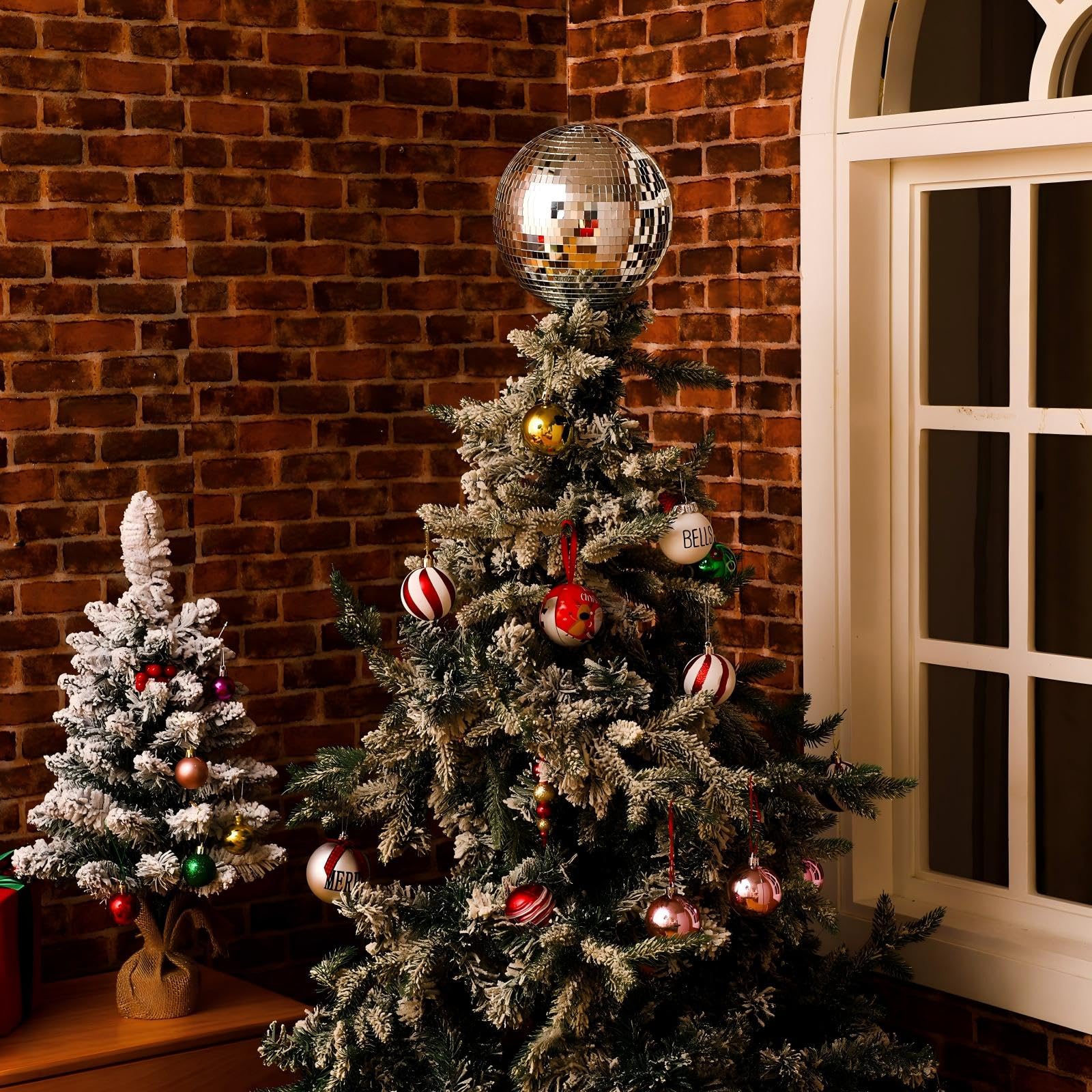 Retisee 8 Disco Ball Christmas Tree Topper Disco Mirror Ball Xmas Tree Topper 3D Hollow Silver Decor Ornament for 70s Holiday