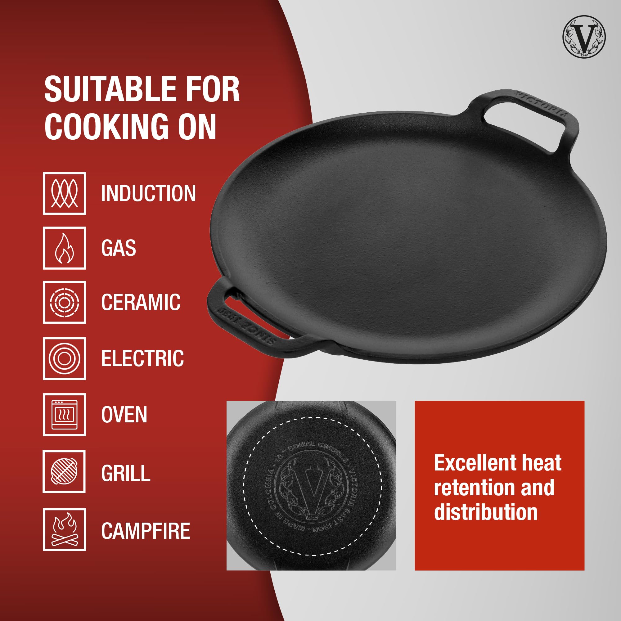 Victoria Cast Iron Comal Pizza Pan, 10-Inch, Preseasoned, Black, Model GDL-185, 2 Side Handles, Made in Colombia