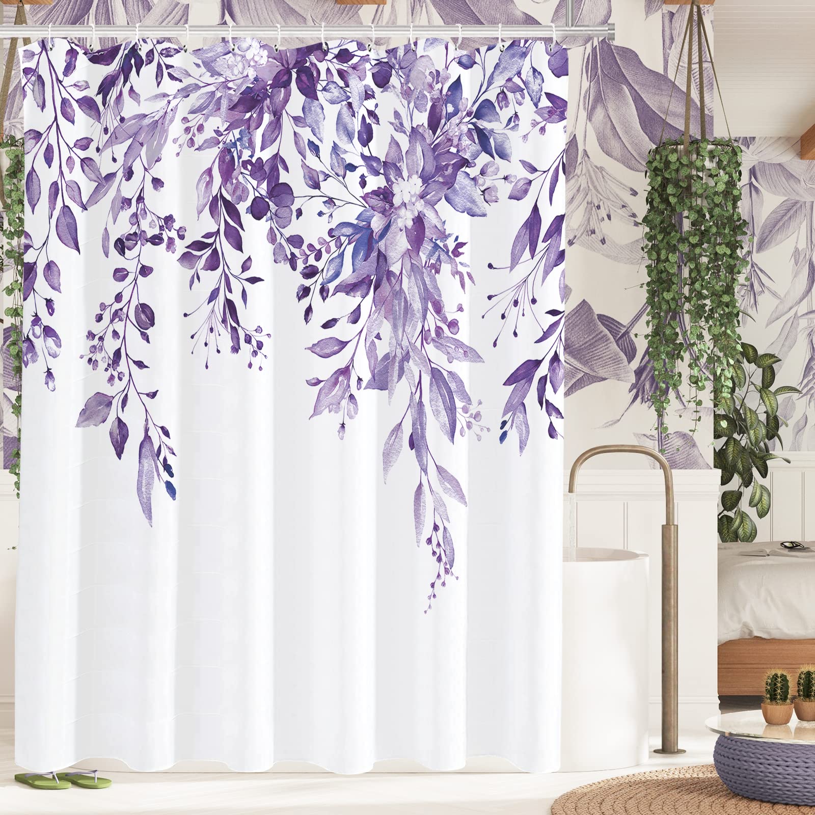 Tititex Purple Eucalyptus Shower Curtain, Watercolor Leaves On The Top Plant With Floral Bathroom Decoration Shower Curtain Sets