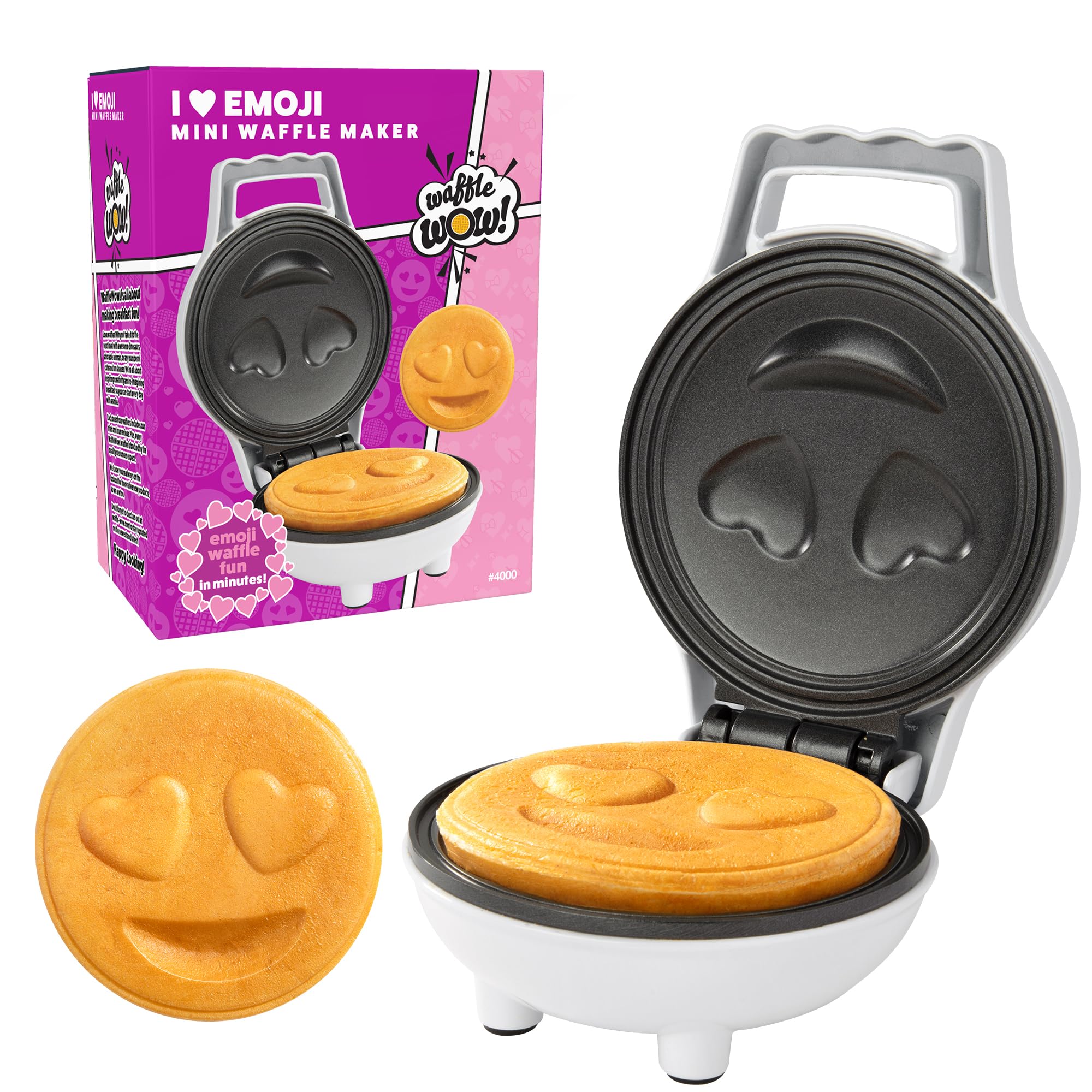Heart Eyes Emoji Mini Waffle Maker - Make Breakfast Special W Cute Personal-Sized 4'' Smiley Face Pancakes- Electric, Nonstick B