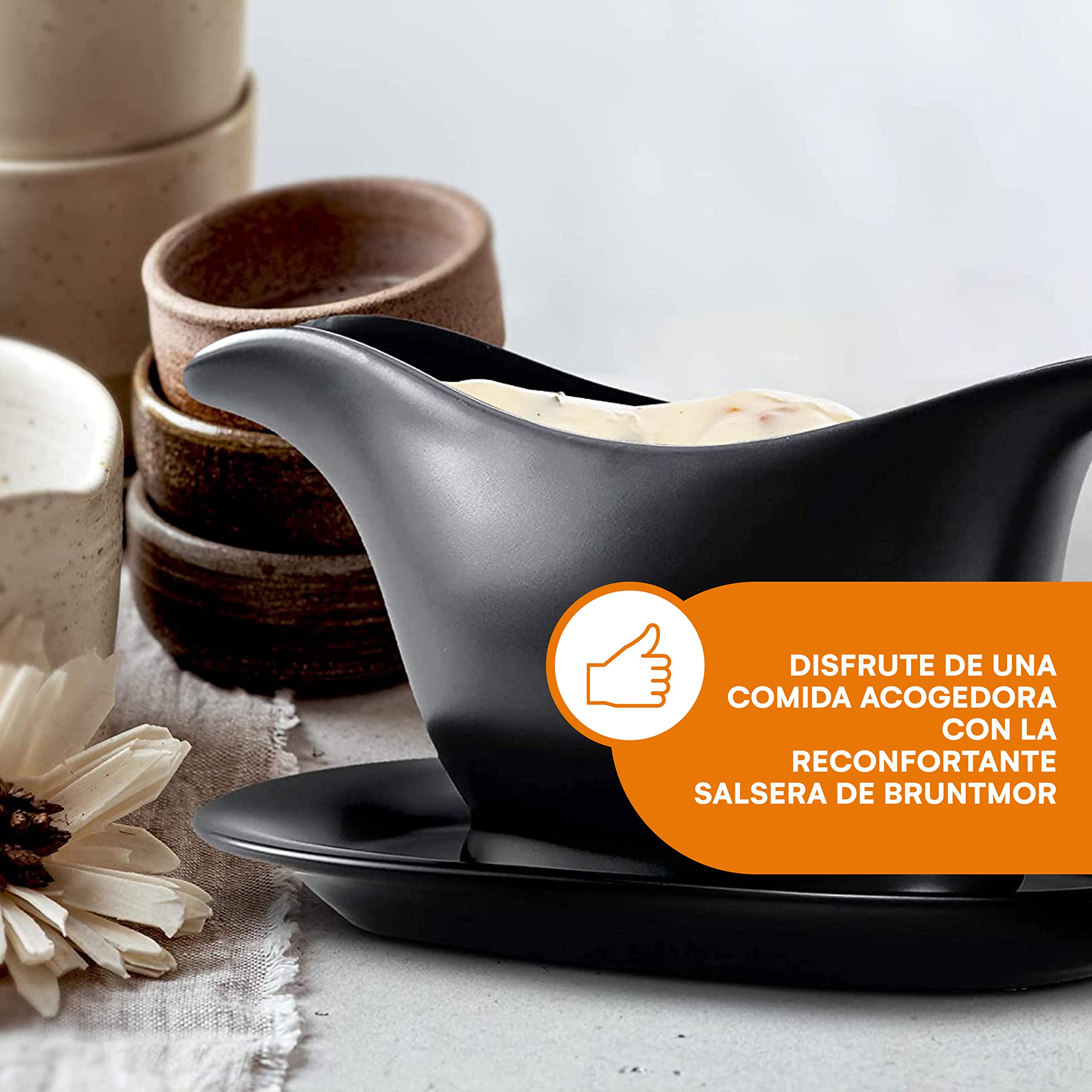 Bruntmor 11 Oz Black Ceramic Gravy Boat With Tray, 11 Ounce Small Ceramic Serving Dish, Dispenser With Tray For Sauces, Dressing