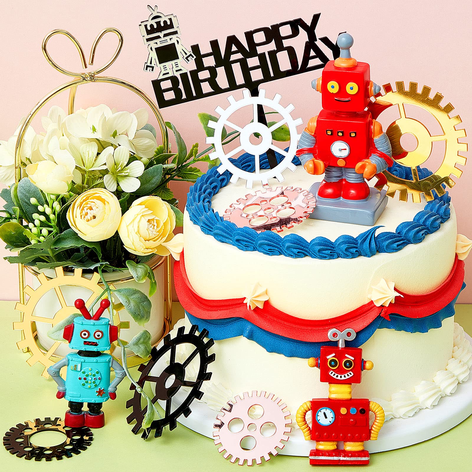 11 Pieces Robot Cake Toppers For Boys Robot Birthday Cake Topper Gear Happy Birthday Robot Cake Cupcake Decorations Robot Themed