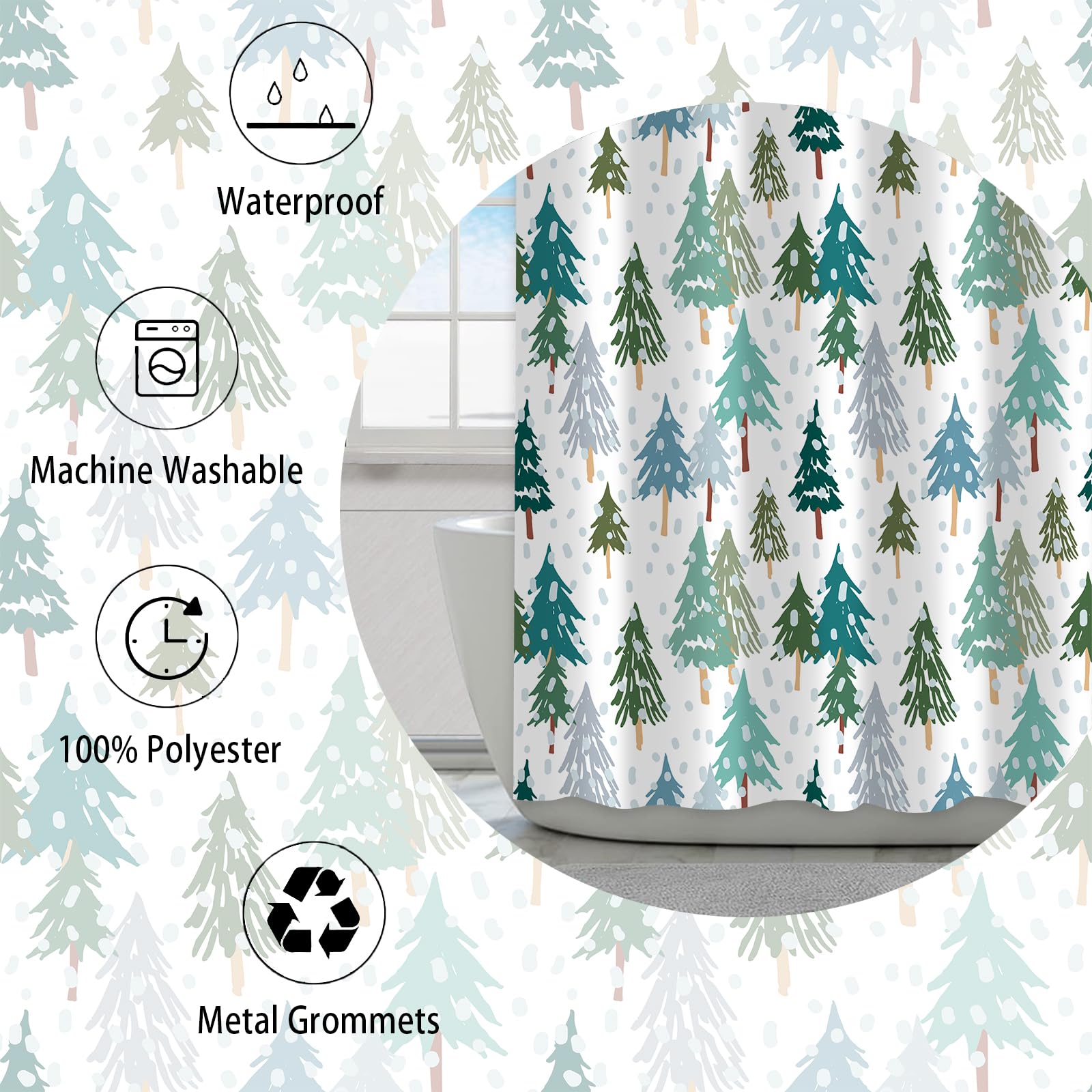 Paopoed Christmas Tree Shower Curtain, Green Pine Tree Winter Xmas Tree Snow Forest Nature Scene Holiday New Year Bathroom Decor