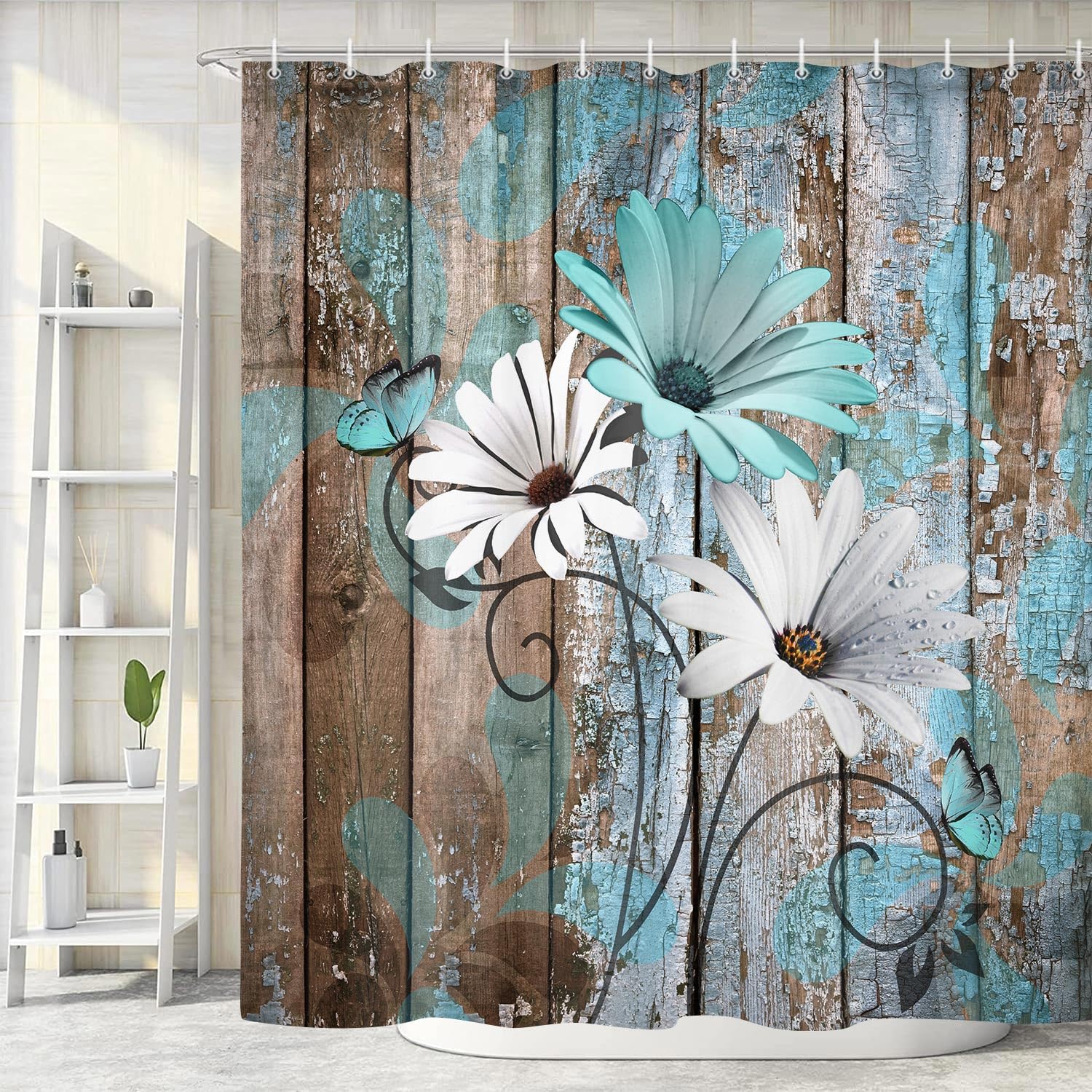 Jawo Farmhouse Flower Floral Shower Curtain, Rustic Teal Turquoise Daisy Shower Curtain Set, Country Blue Wild Garden Plant Fabr