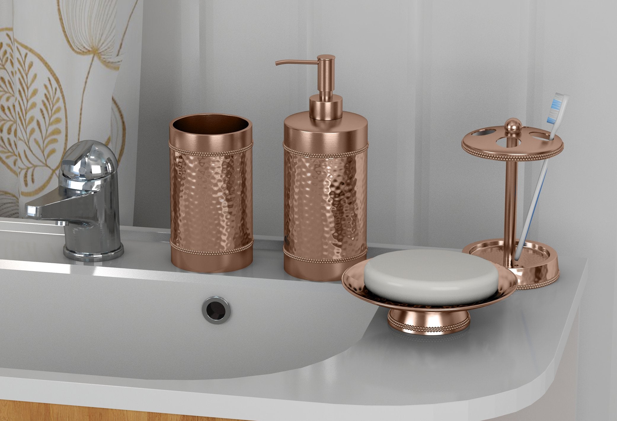 Nu Steel Hudson Copper Finish Bath Accessory Set For Countertop, 4 Pcs Luxury Ensemble-Soap Dish, Toothbrush Holder, Tumbler, So