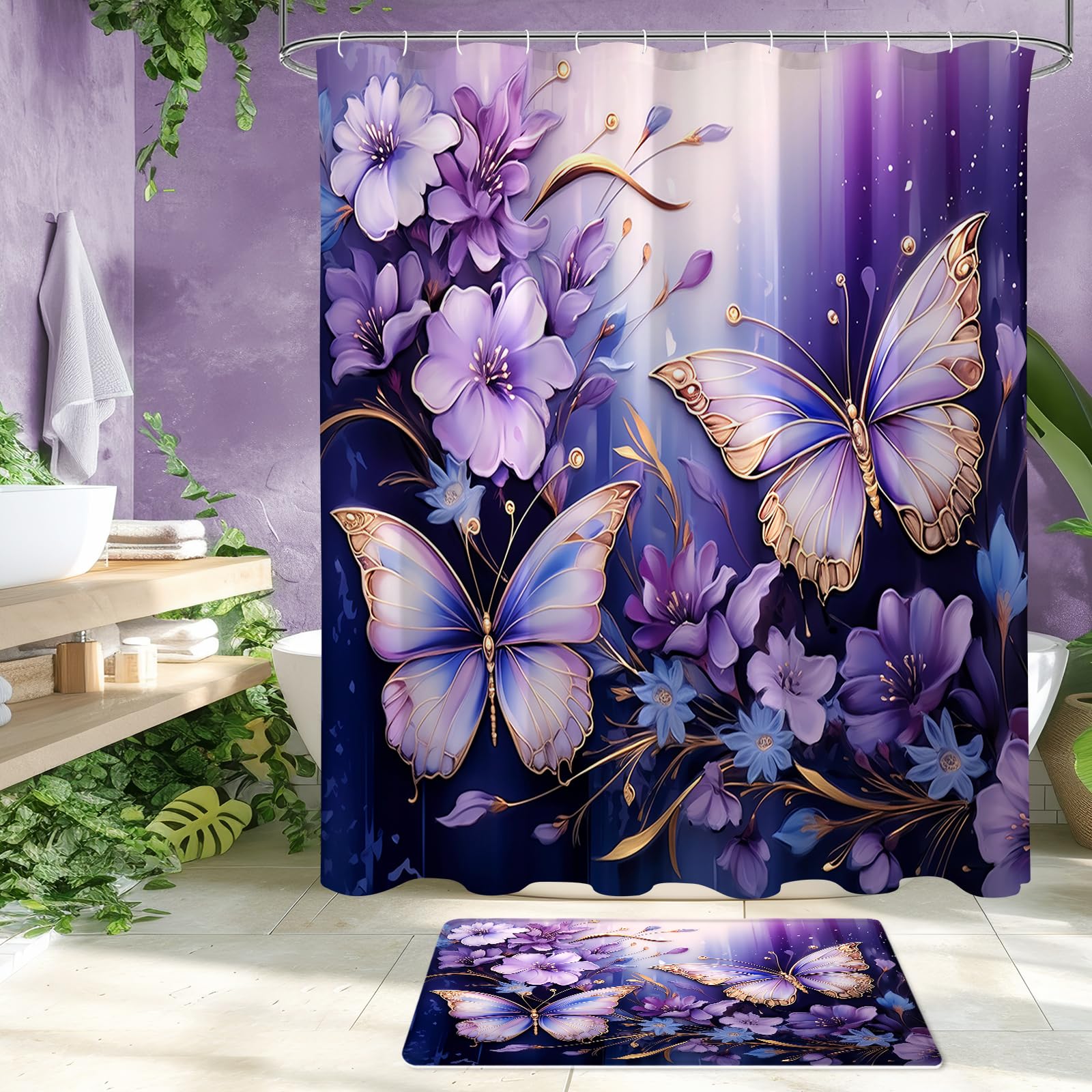 Litabel 4 Pcs Purple Floral Butterfly Shower Curtain Set With Non-Slip Rugs, Modern Toilet Lid Cover And Bath Mat, Elegant Bathr