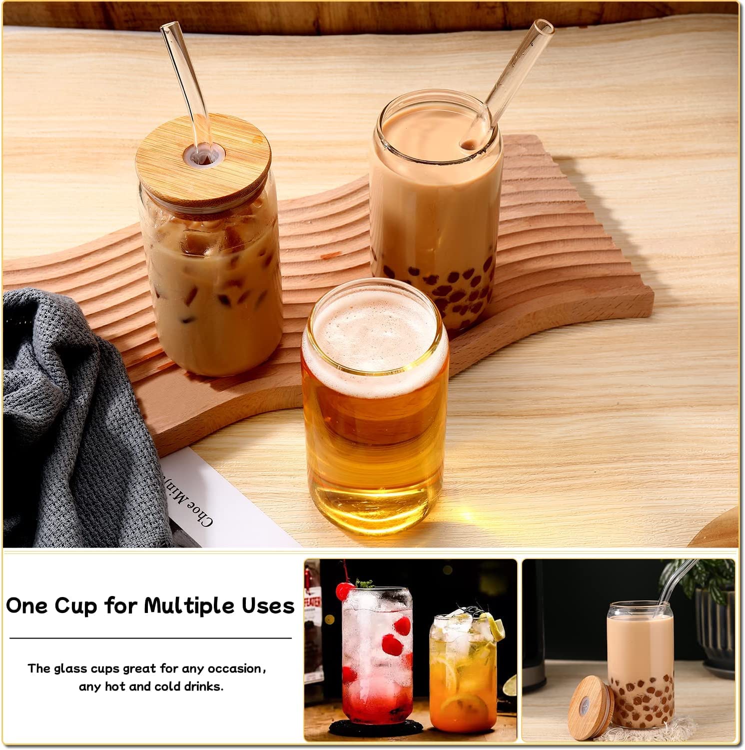 DWTS DANWEITESI Glass Cups with Lids and Straws 4pcs 16oz Iced Coffee Cups with Lids-Drinking Glasses Set Cute Tumbler Cup as Coffee Bar Accessories Gifts
