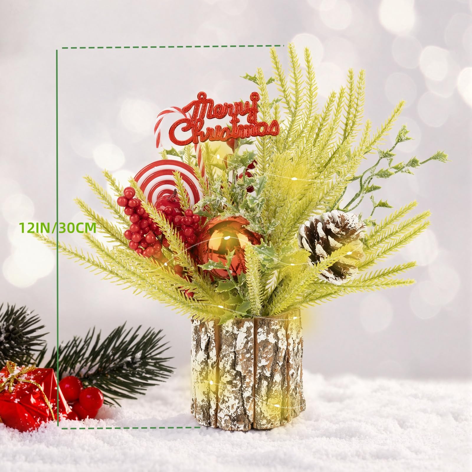 Small Table Top Christmas Tree with Lights, Mini Christmas Tree Decorations with Merry Christmas Candy Canes Pine Cones Berries