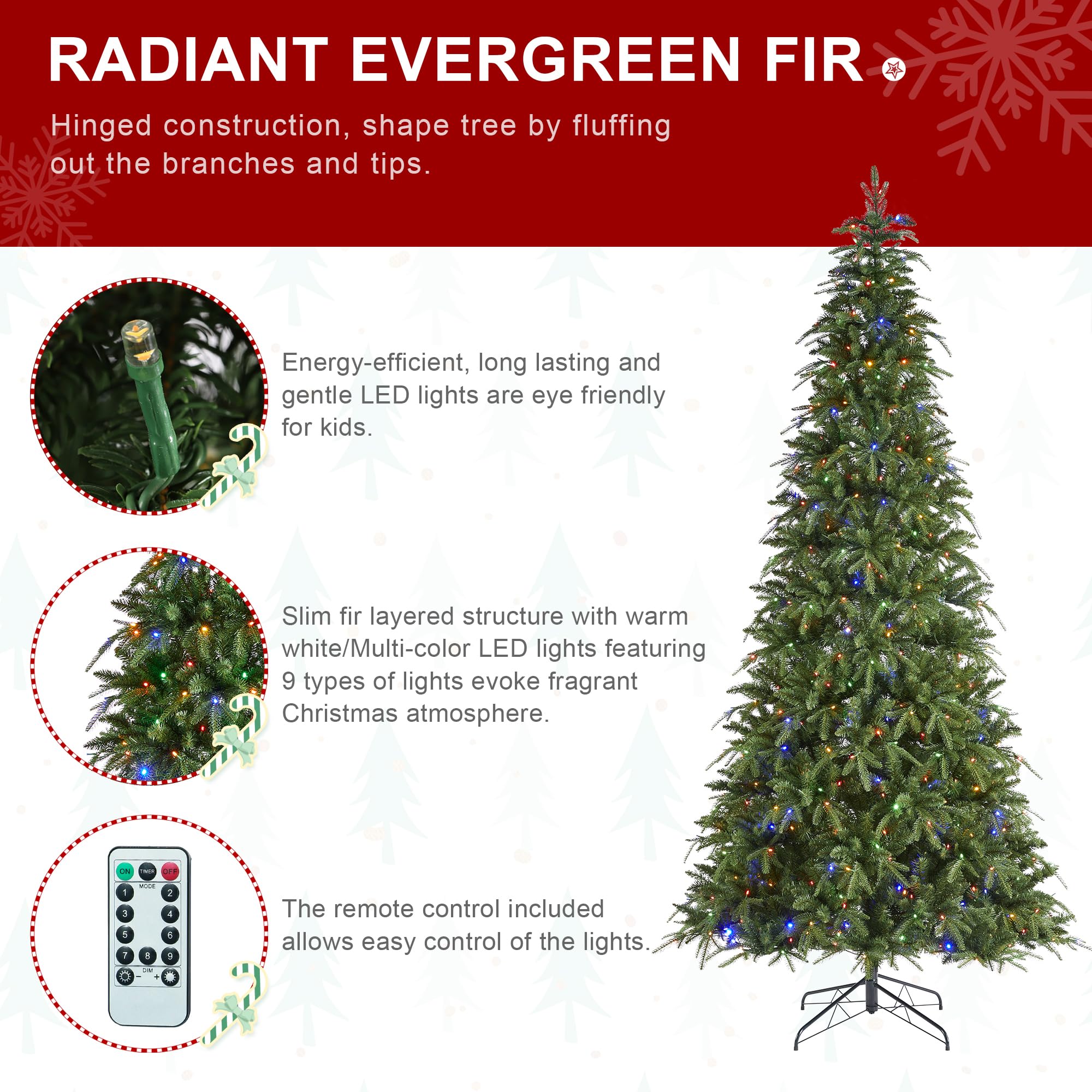Glitzhome 9ft Prelit Christmas Tree, Artificial Christmas Tree with 650 Warm White/Multi-Color Lights, Slim Christmas Tree Radia
