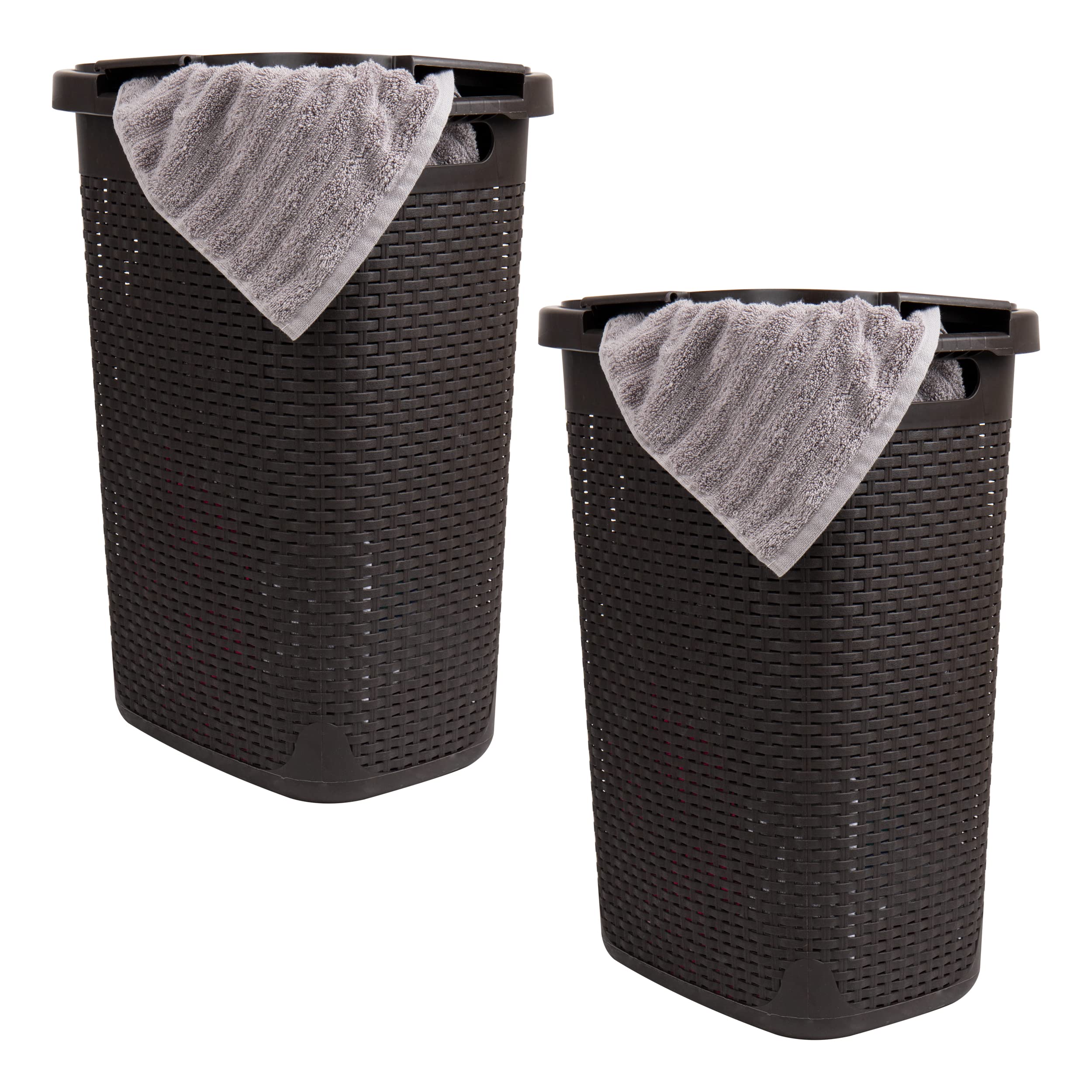 Mind Reader 60L Slim Laundry Hamper, Clothes Basket, Lid, Wicker Style, Plastic, 17.65''L X 13.75''W X 24.15''H, Set Of 2, Brown