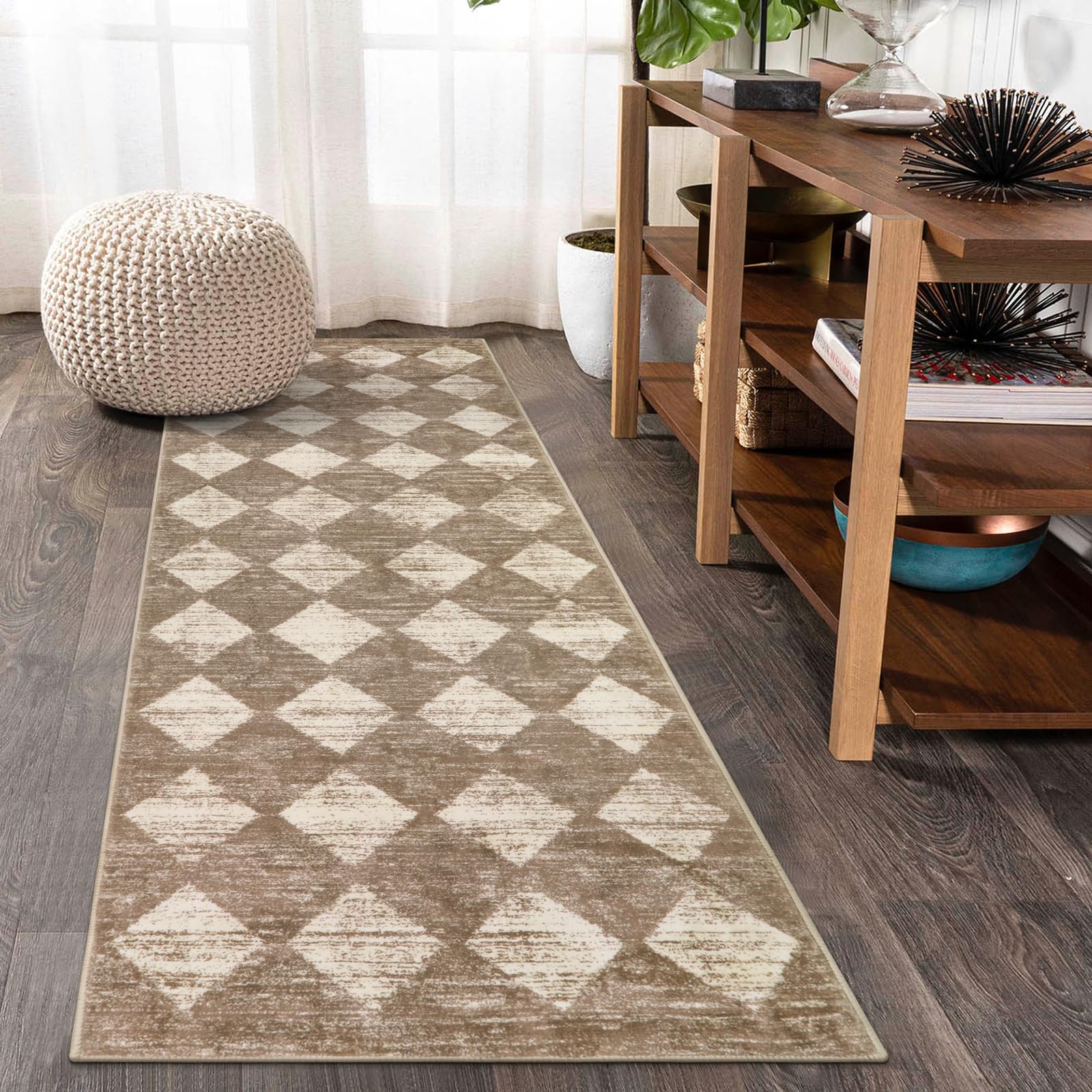Lahome Moroccan Treills Runner Rug - 2x6 Beige Washable Rug Runner Carpet Runners for Hallway 6ft Non Skid, Checkered Long Kitch