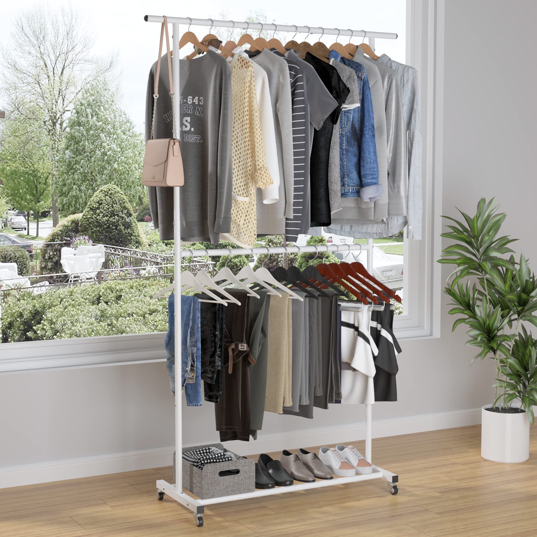 Sywhitta Double Rod Garment Rack - Rolling Clothes Organizer, Adjustable, White, Model 2-JHLYJ
