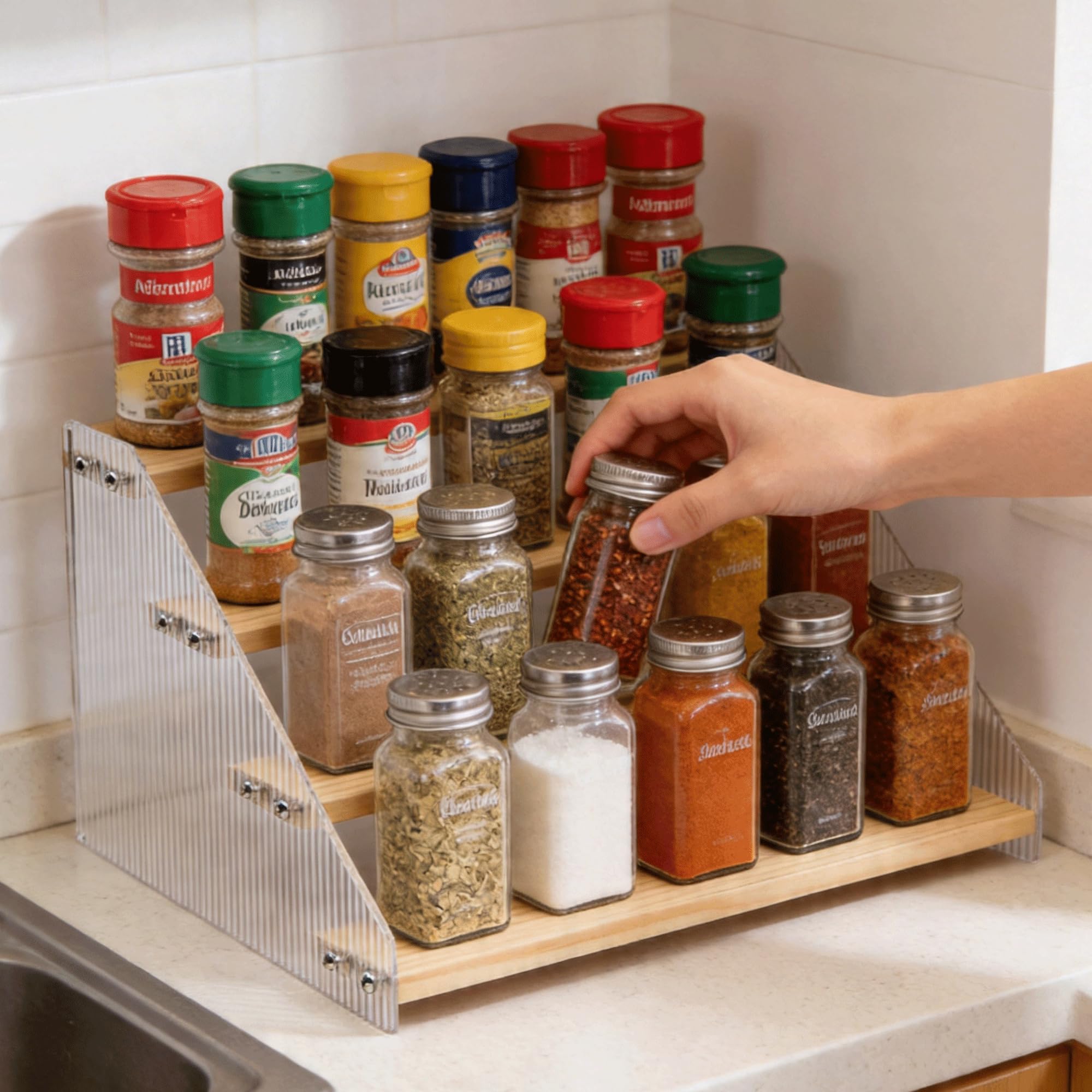 Vexzant Tiered Spice Rack Organizer for Countertop & Cabinet, 4Tier 12in Kitchen Seasoning Storage Shelf, Space Saving Standing