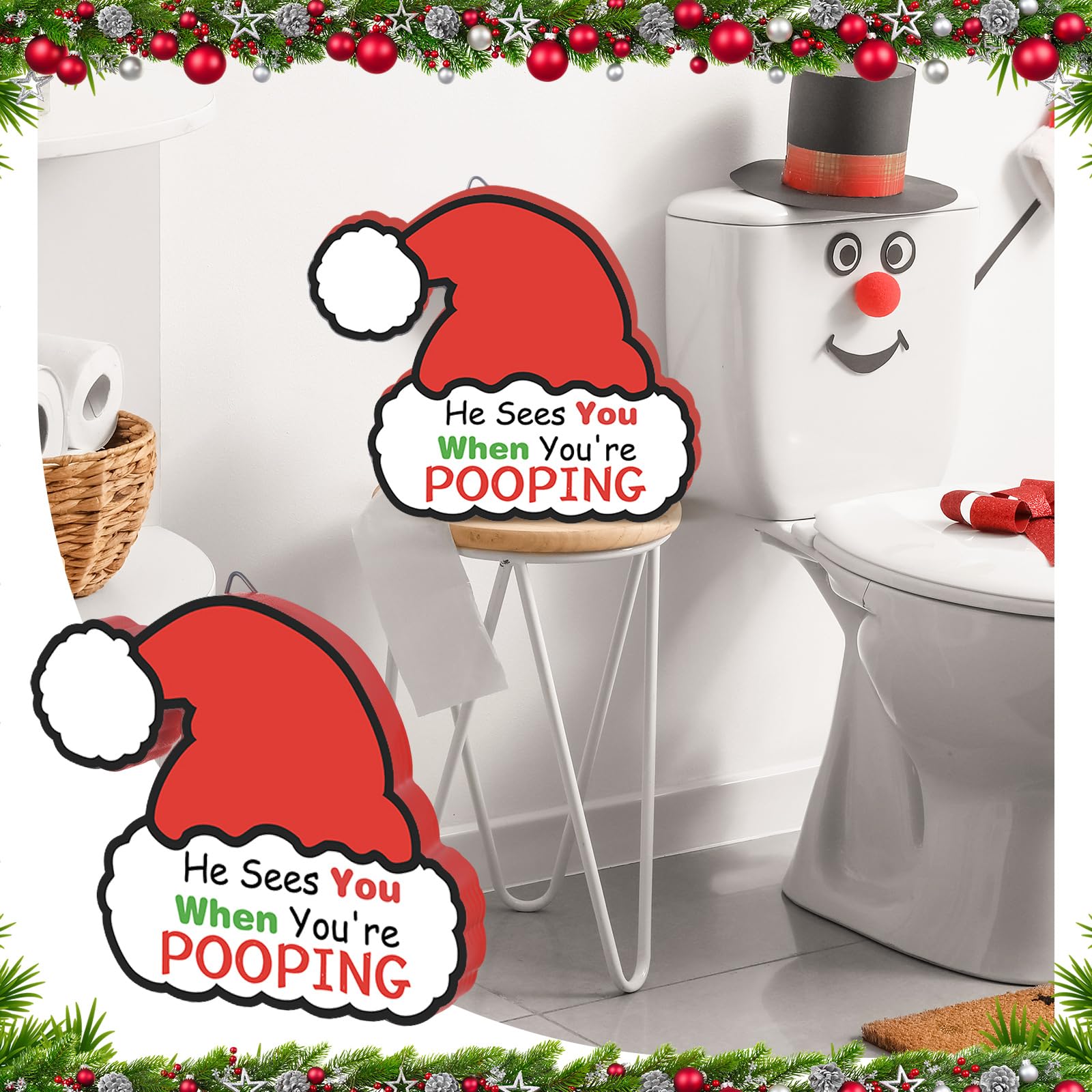 Leinuosen Christmas Bathroom Decorations, Funny Christmas Santa Hat Bathroom Wooden Sign Decor with Hook for Lavatory Xmas Hat O