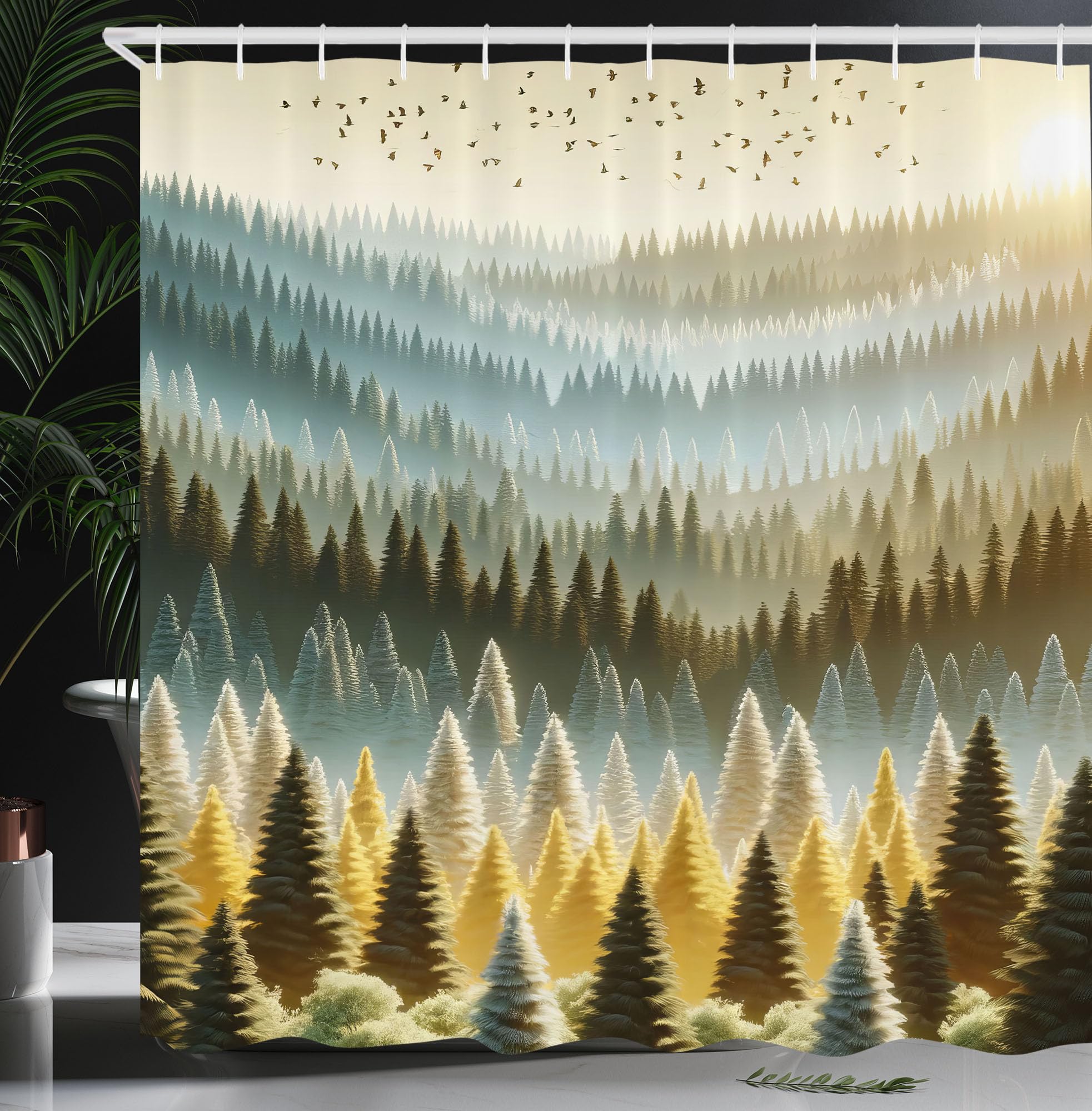 Ambesonne Yellow Shower Curtain, Fantasy Sunrise Scenario Of Forest Trees With Mountains And Birds, Cloth Fabric Bathroom Decor