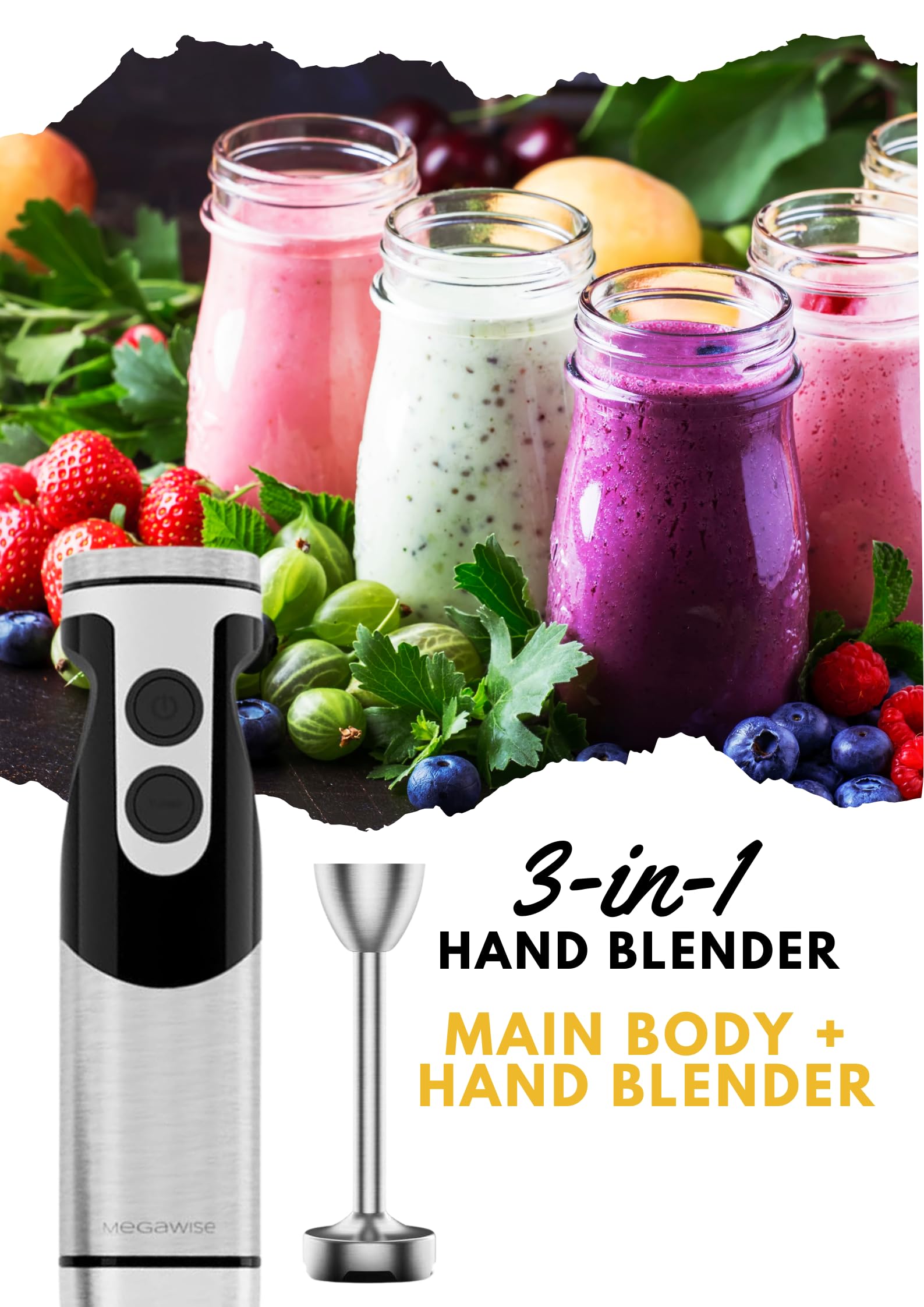 MegaWise Stainless Steel Titanium Reinforced 3-in-1 Immersion Hand Blender  Powerful with 80% Sharper Blades  12-Speed Corded Blender  Including Whisk and Milk Frother (3-in 1 Black)