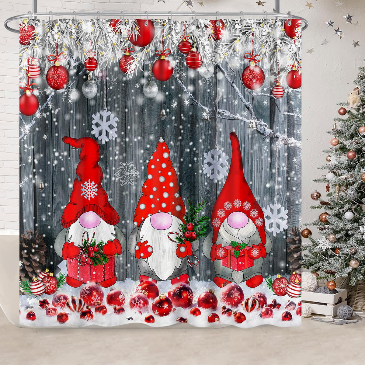 Christmas Gnomes Shower Curtain For Bathroom, Xmas Cute Red Xmas Ball Snowflake Gnomes Winter Shower Curtain, Rustic Farmhouse C