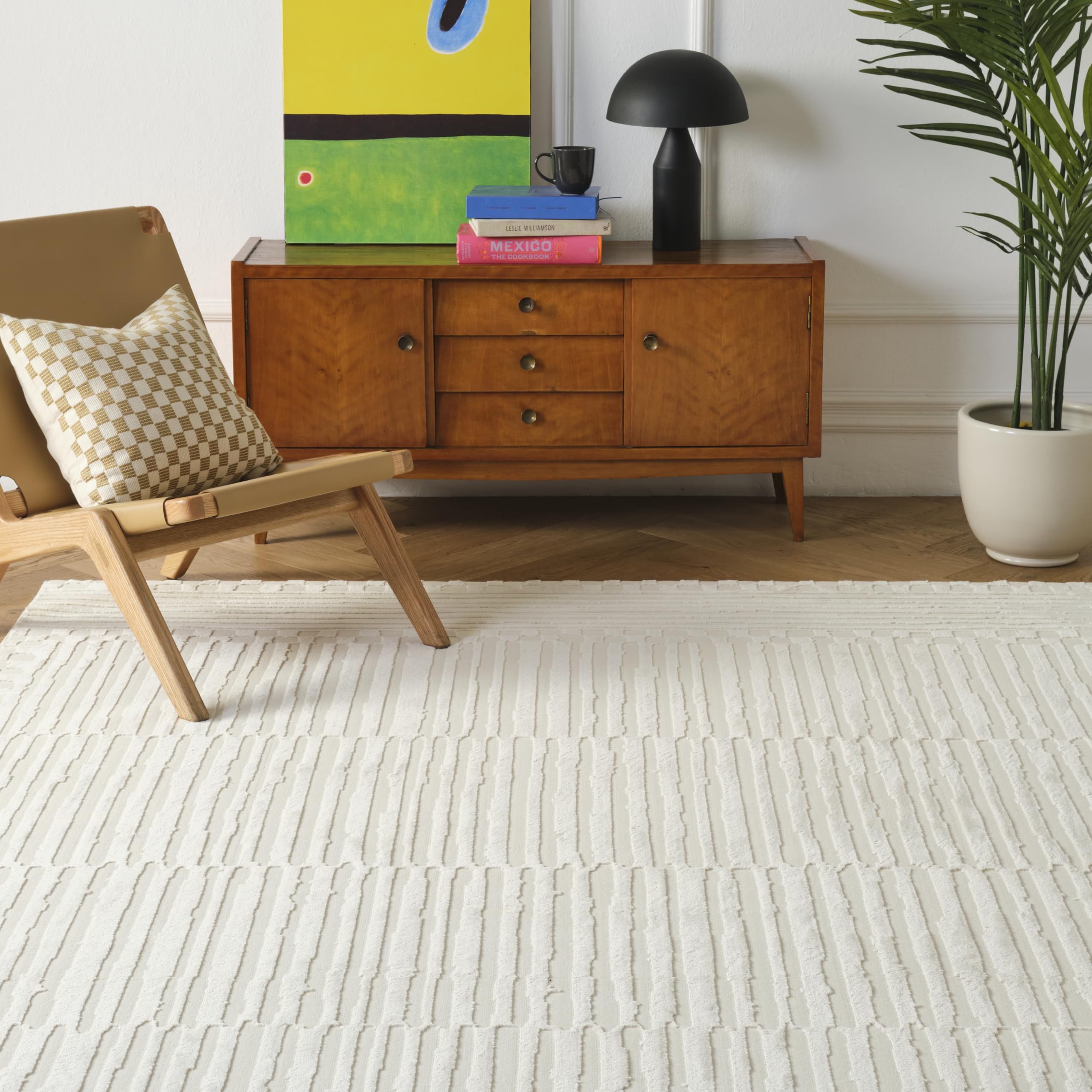 Revival Rugs Soloba 8x10 Washable Area Rug for Living Room Bedroom - 100% Recycled Oeko-TEX Certified, Medium Pile, Beige, Crea