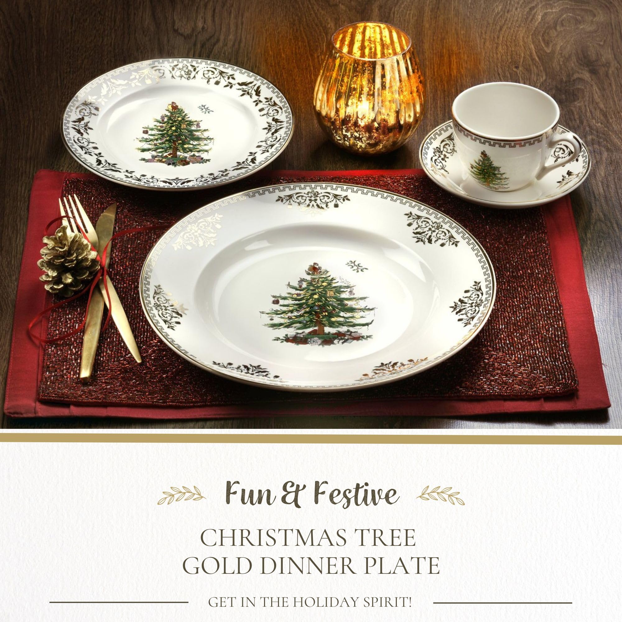 Spode Christmas Tree Gold Dinner Plate, 10.5-Inch Porcelain, Multicolor, Model 1557109, Microwave & Dishwasher Safe