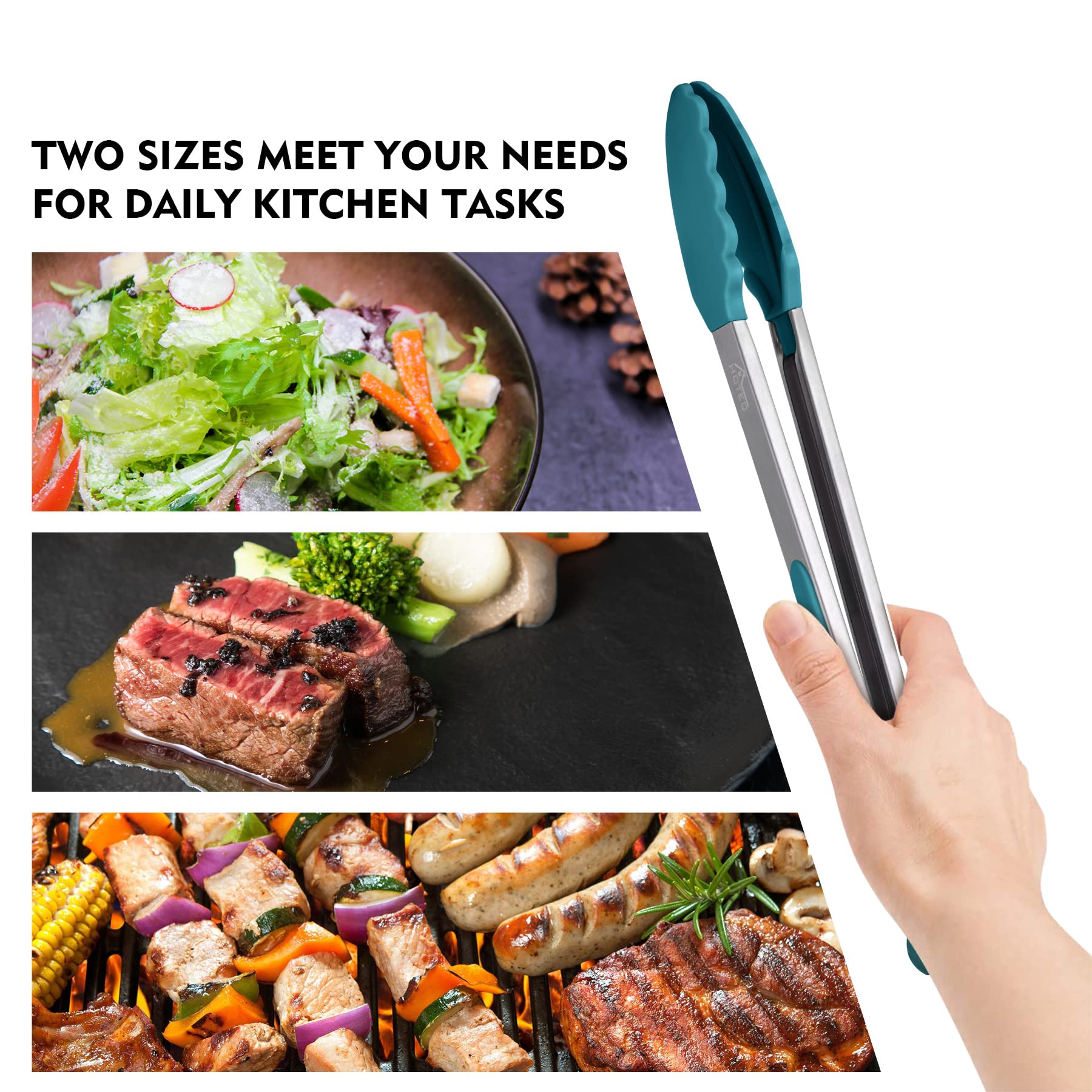 Hotec Premium Stainless Steel Locking Kitchen Tongs With Silicon Tips, Set Of 2-9'' And 12'', Turquoise