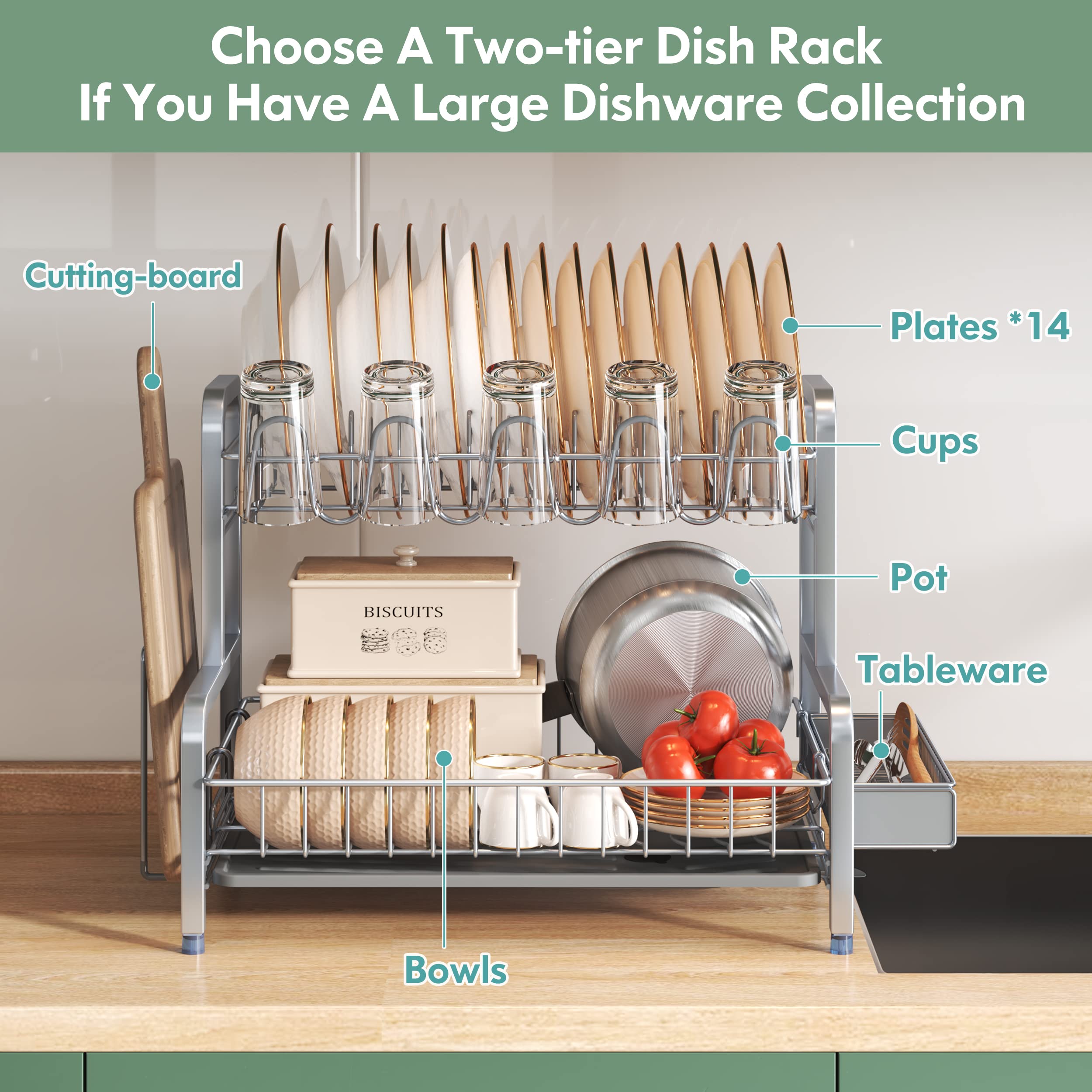 Boosiny 2 Tier Dish Drying Rack And Drainboard Set, Large Stainless Steel Dish Drainers For Kitchen Counter, Dish Strainer Shelf