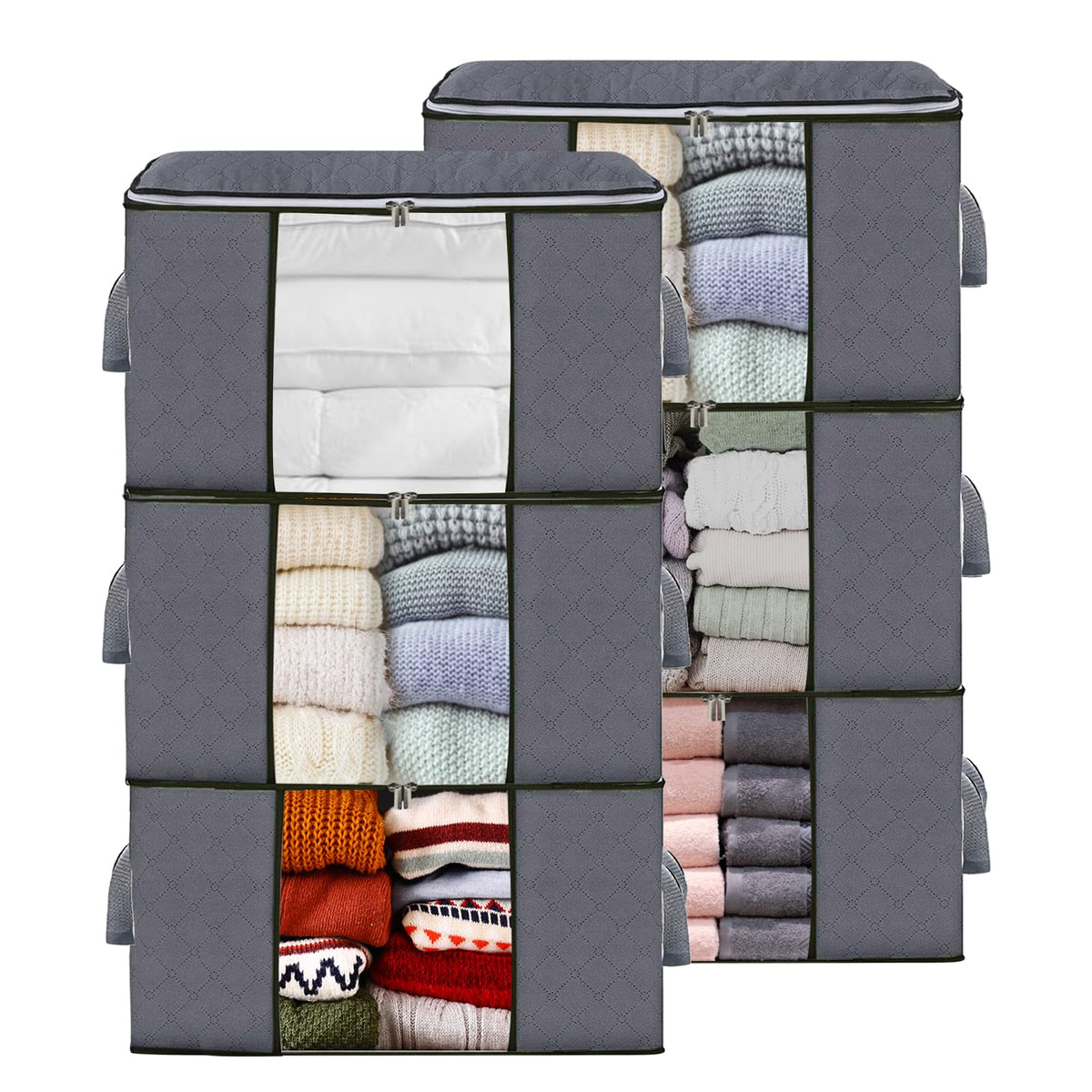 BiCINE 6 Pack Clothes Storage, 90L Foldable Blanket Storage Bags, Closet Organizers Storage Containers for Clothing, Blanket, Co