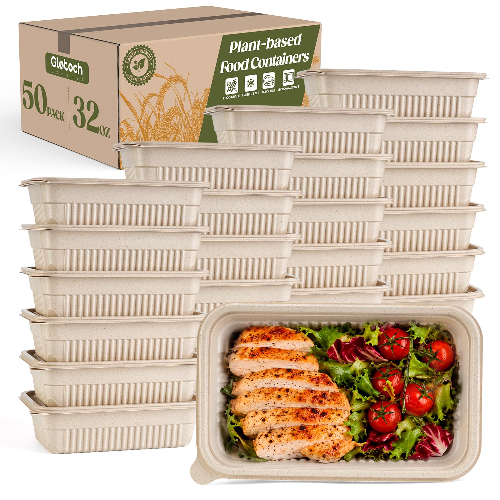 Glotoch 50 Pack(100Piece) 32oz Meal Prep Containers Resuable with Lids Plantbased Disposable Food Containers for Salad Lunch, 