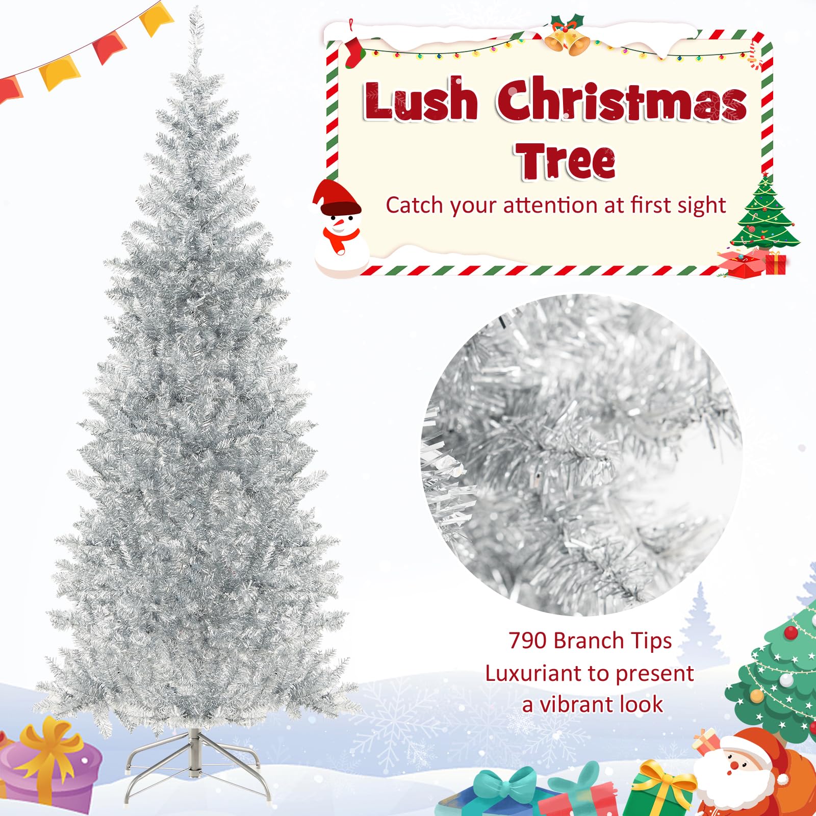 GOFLAME 6FT Pre-Lit Pencil Christmas Tree, Hinged Christmas Tree with Tinsel Leaves, 790 Branch Tips & 300 Warm White LED Lights