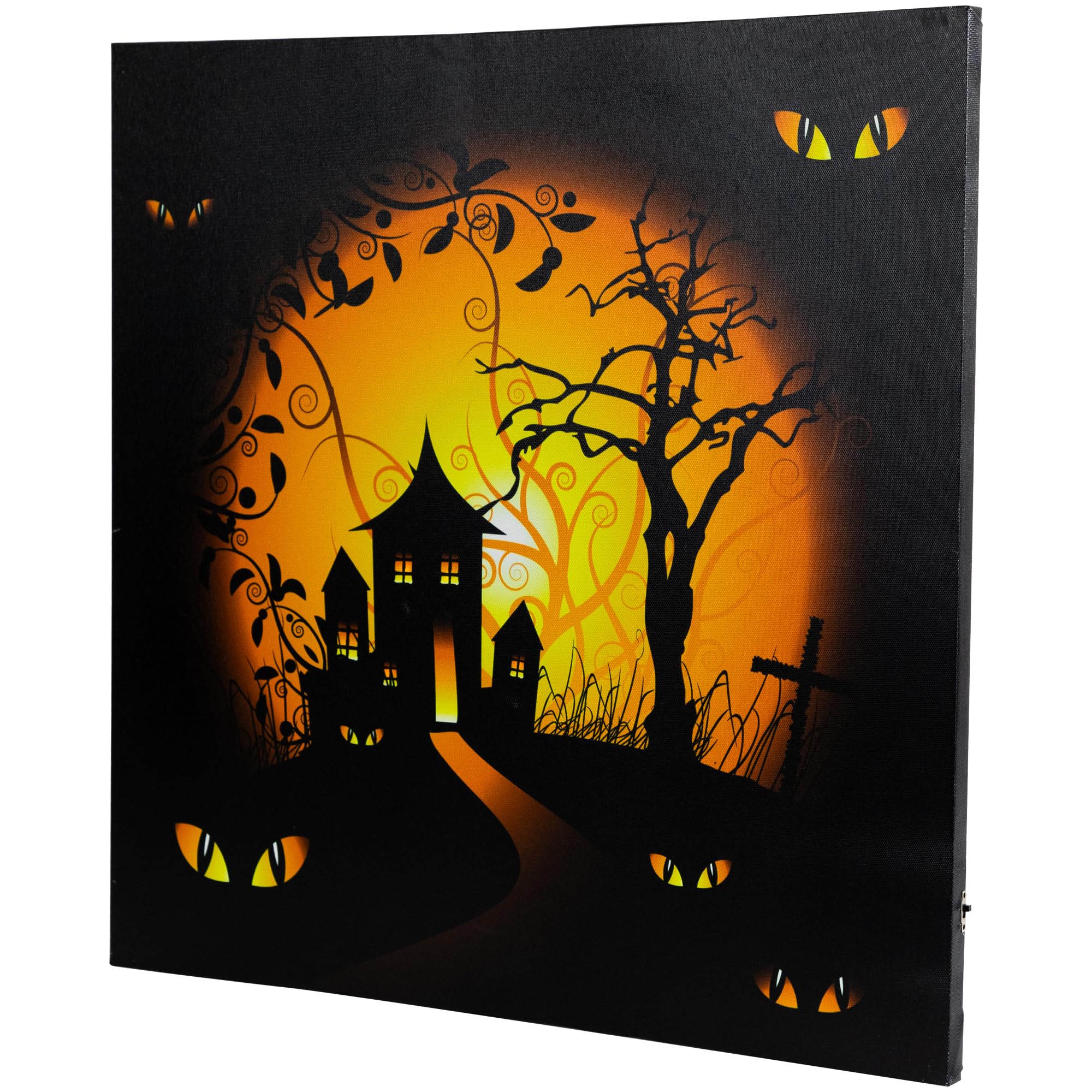 Northlight LED Lighted Spooky House and Eyes Halloween Canvas Wall Art, 19.75 x 19.75, Black
