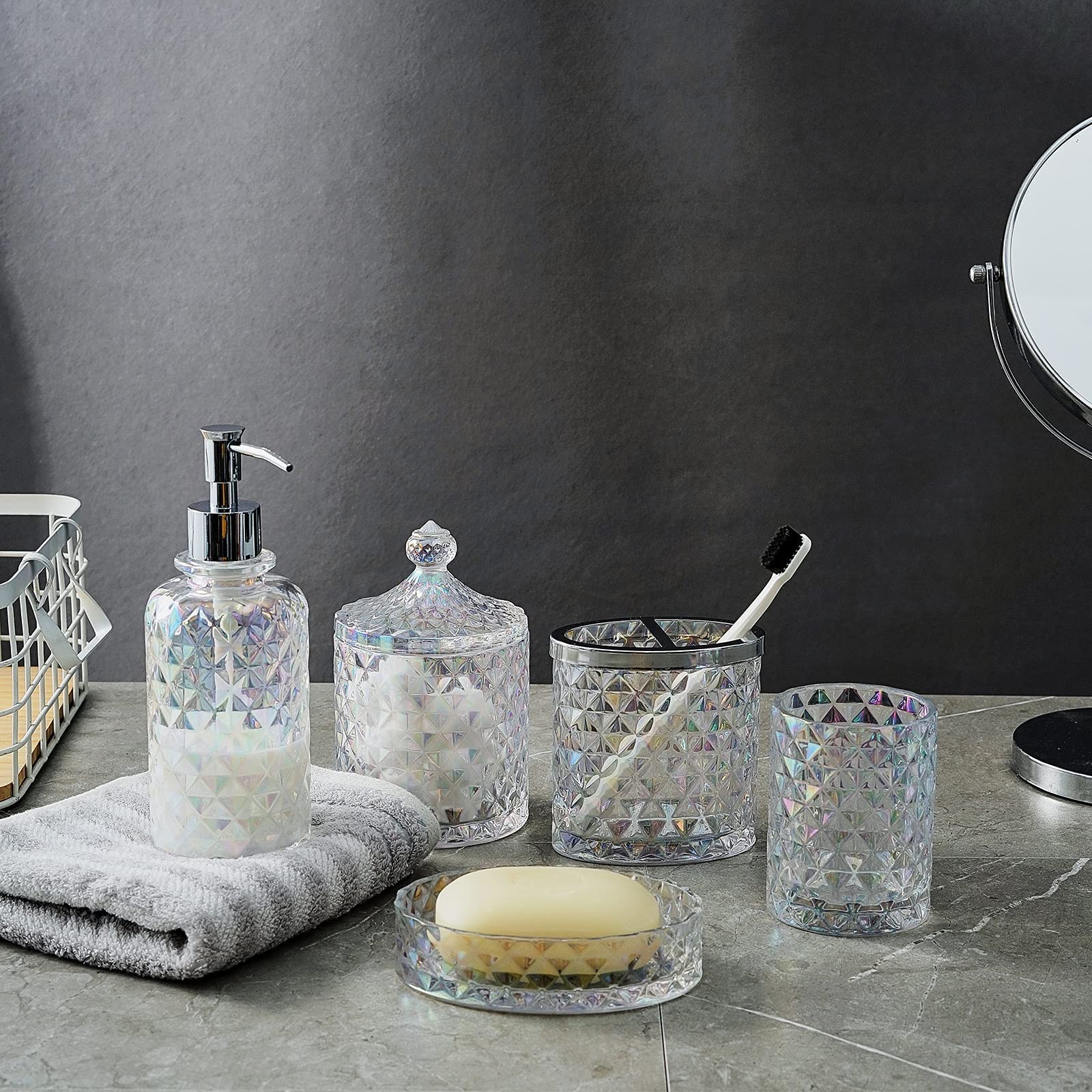 Set Of 5 Glass Bathroom Accessories Set Include Soap Dispenser & Tumbler & Soap Dish & Toothbrush Holder & Apothecary Jar(Luxuri