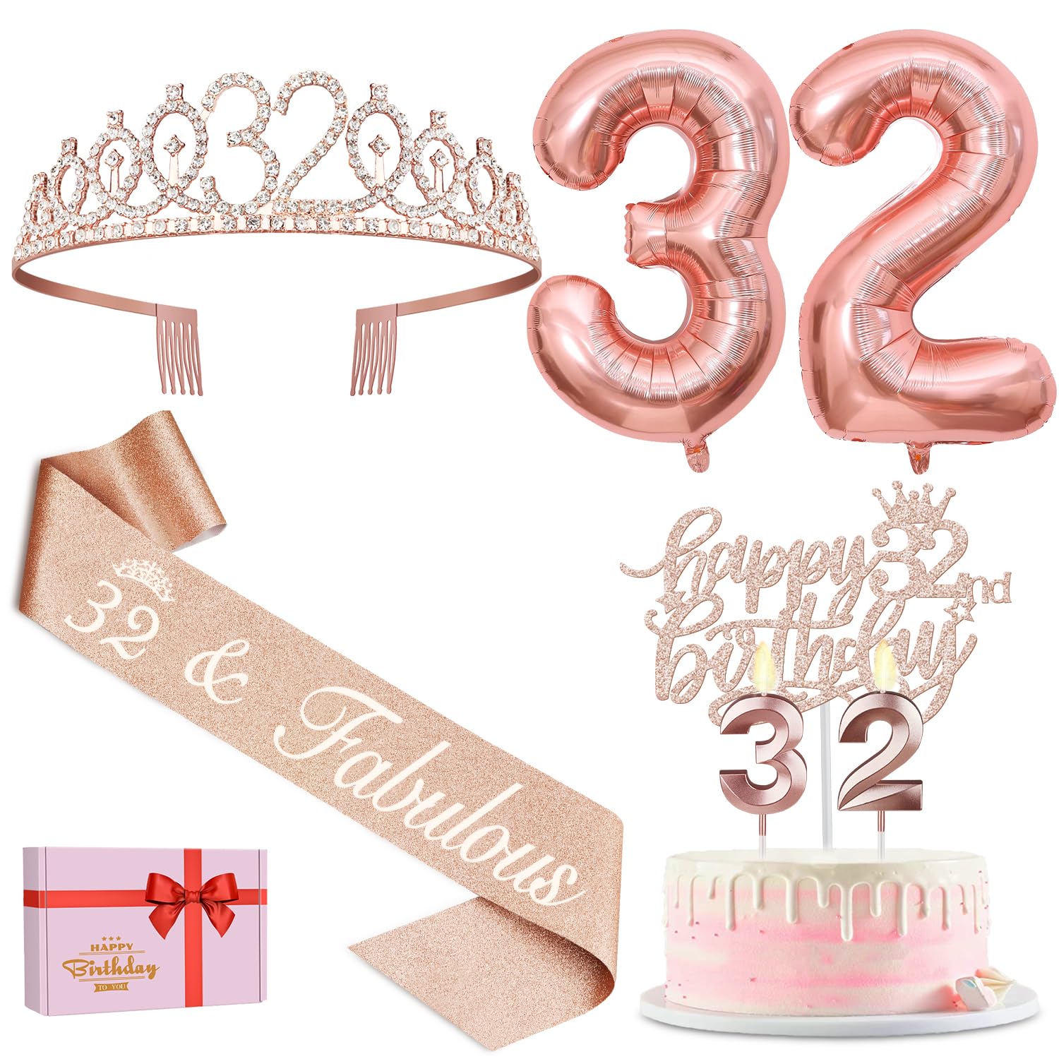 32 Birthday Decorations For Women Including 32Nd Birthday Sash, Crown/Tiara, Birthday 32 Candles And Cake Toppers, Number 32 Bal