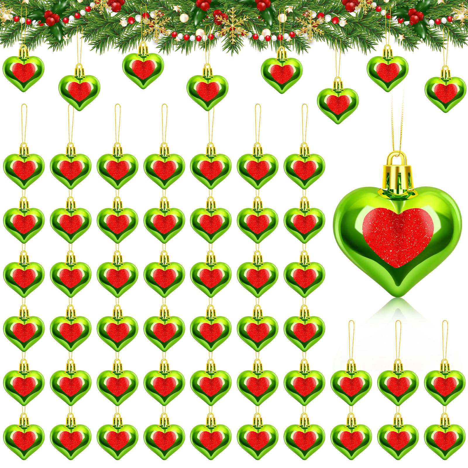 48 Pcs Christmas Green Heart Ornaments Green Heart Christmas Tree Hanging Ornaments for Xmas Tree Holiday Parties Decor