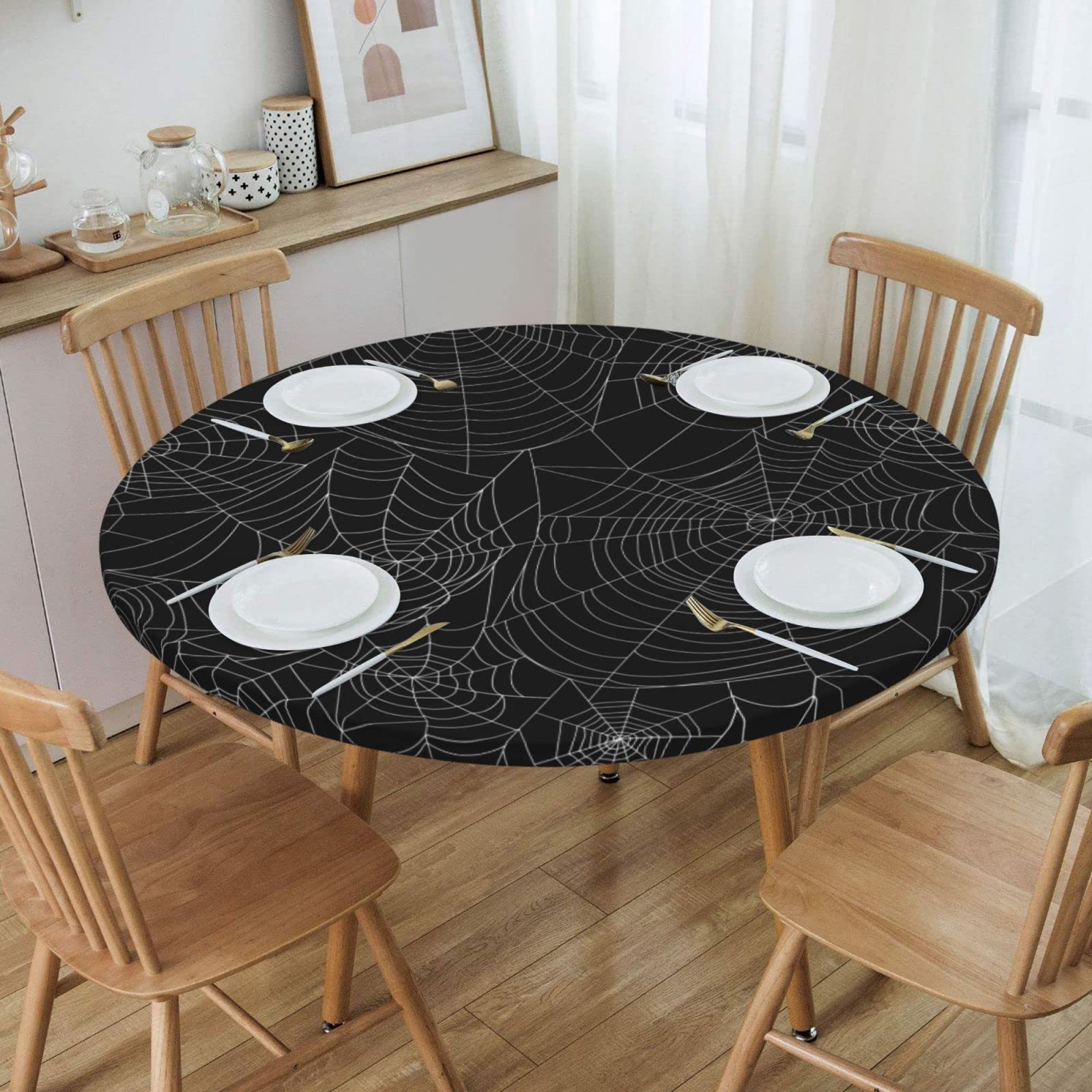 Will Budxeg Halloween Black Bat Spider Web Round Fitted Table Covers Elastic Edge Circle Tablecloth For Dining Party Holiday Fit