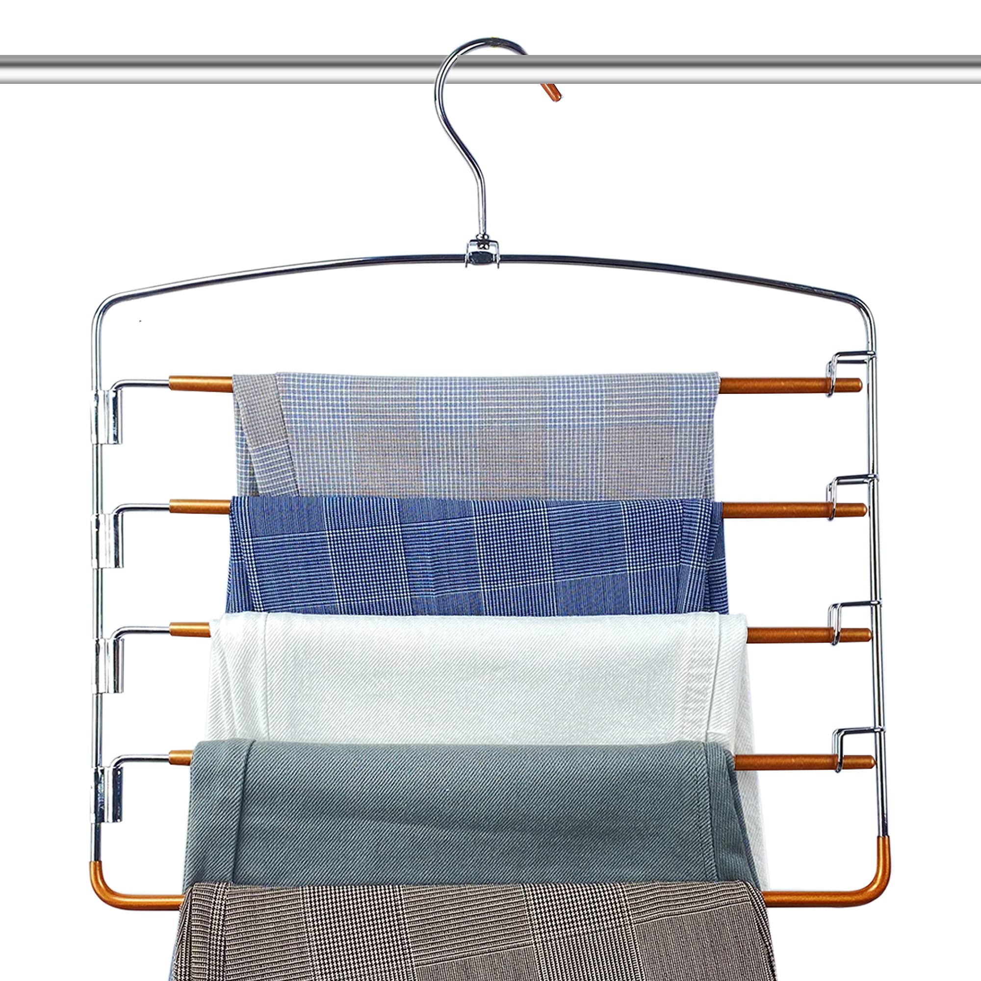 Pants Hangers Non Slip 3 Pack Space Saving Hangers Multi-Layer Swing Arm Pants Hanger Stainless Steel Space Saver Hangers for Pants Jeans Scarf Trouser Tie Towel Clothes (Gold)