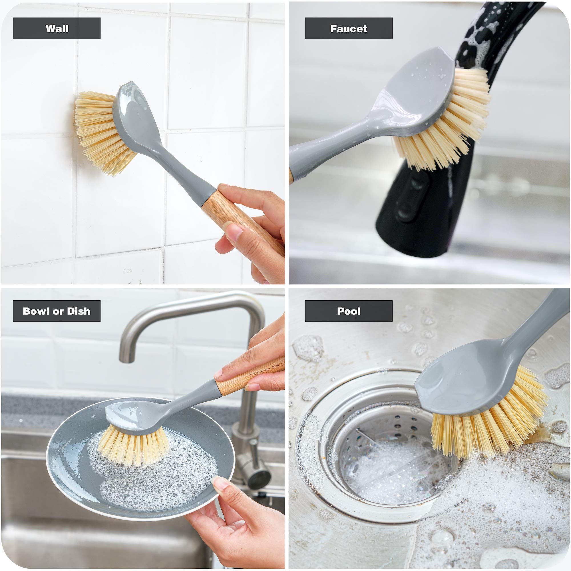 Vrupinze Natural Bamboo Dish Brush Bottle Scrub Brush 4-Piece Set, With Ceramic Soap Dispenser - Wooden Washing Up Brushes With