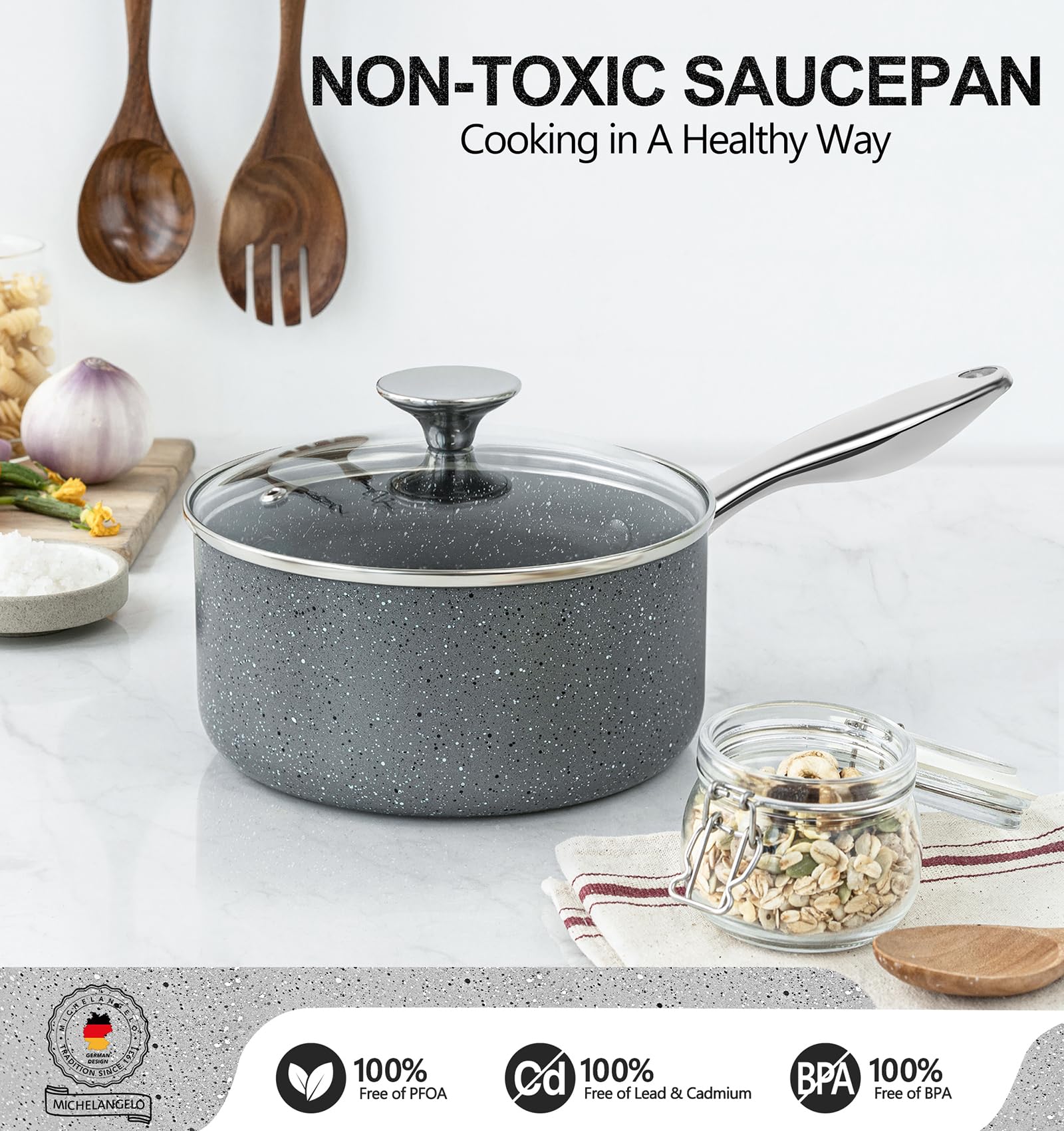 Michelangelo Sauce Pan With Lid, 1 Quart Saucepan With Lid Granite, Non Stick Sauce Pan With Stainless Steel Handle, 1 Qt Saucep