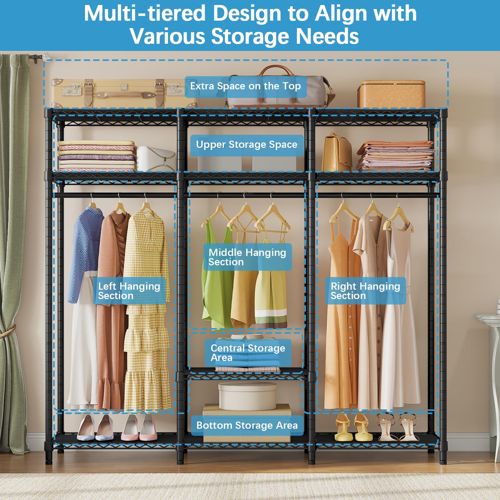 Vipek V30C Coverd Clothes Rack, Heavy Duty Clothing Rack With Oxford Fabric Cover, Portable Closet With Adjustable Shelves & Han