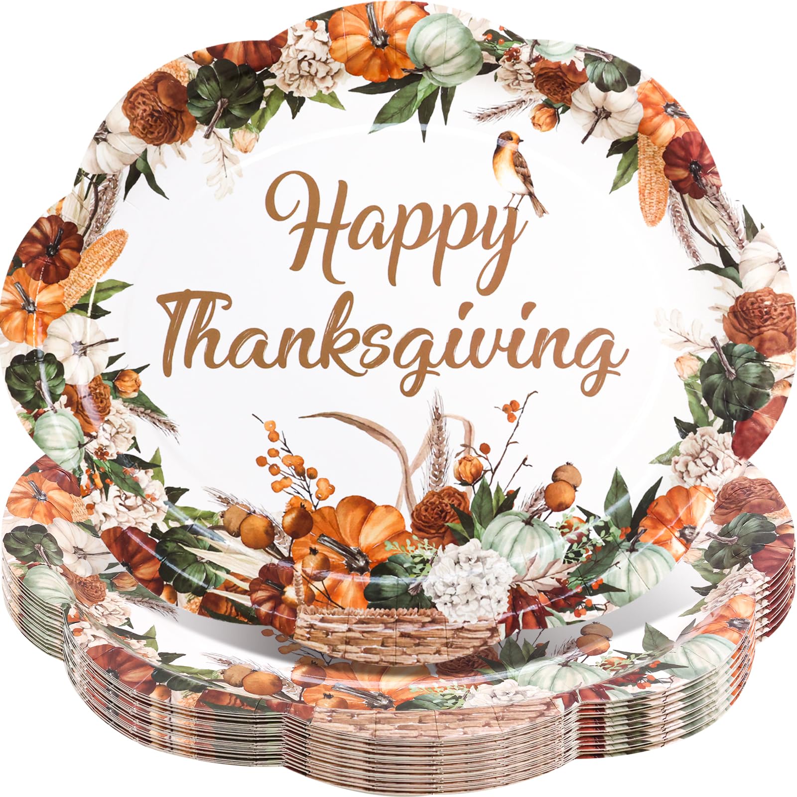 WorldBazaar 24pcs Thanksgiving Oval Paper Plates Large Vintage Pumpkin Disposable Dinner Platters 10 x 12 Inches Heavy Duty Dinn