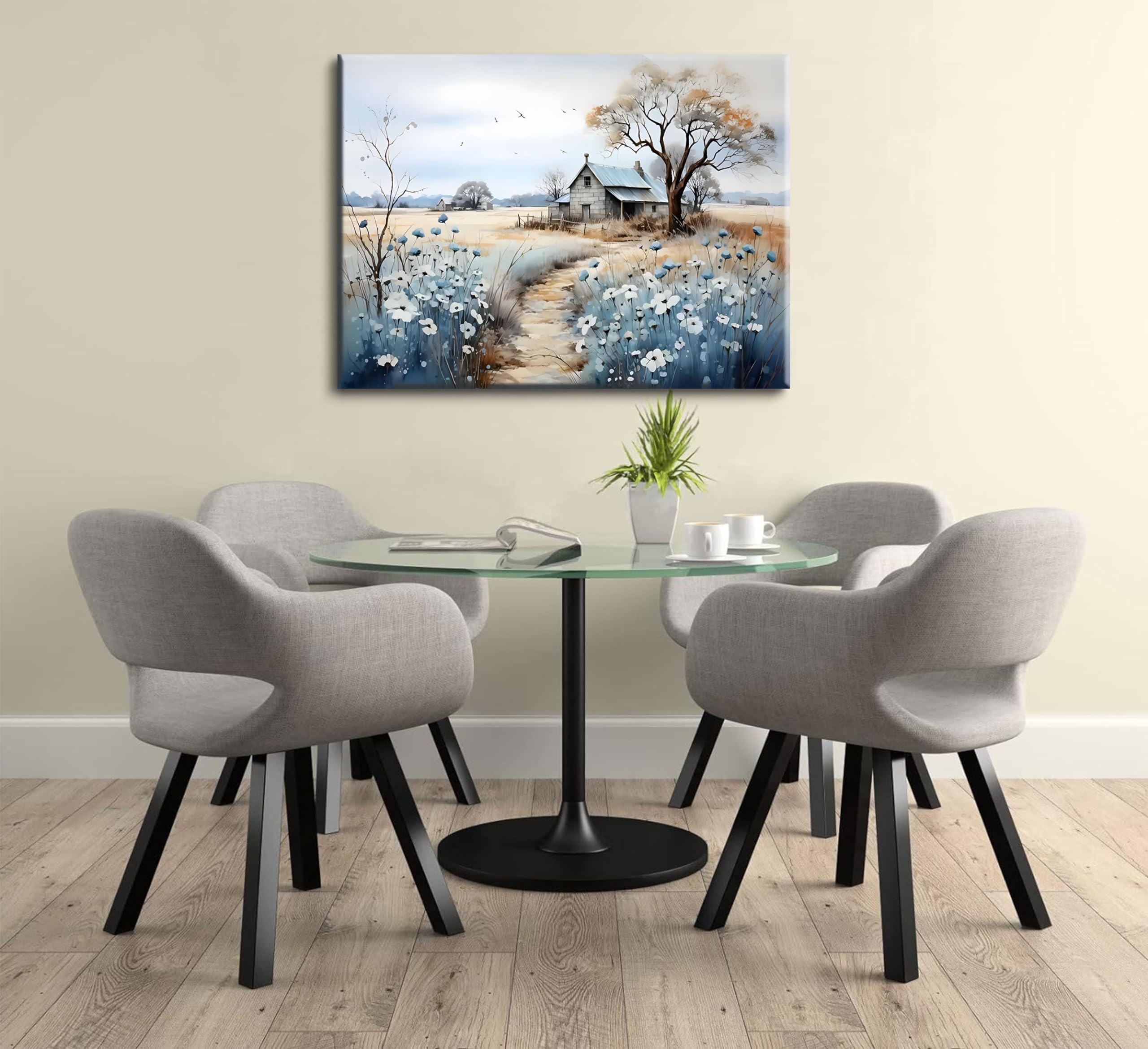 Framed Rustic Farmhouse Canvas Wall Art Beautiful Field Painting Wildflower Barn Print Nature Scenery Picture French Countryside