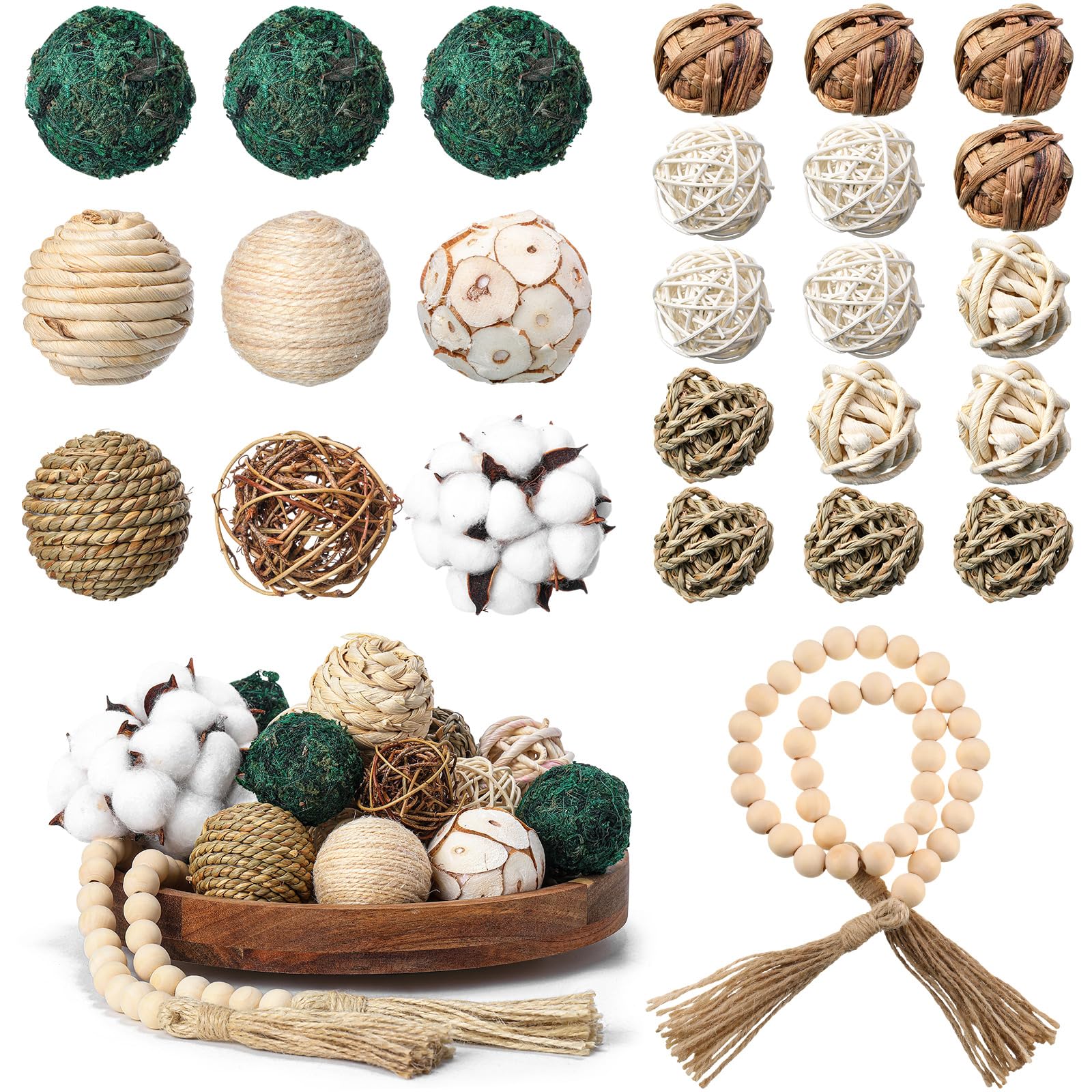 Halloscume 25 Pcs 3.15 and 1.97 Inch Decorative Balls, 20.9 Inch Garland Wood Beads Rattan Wicker Balls with Spheres Orbs Filler