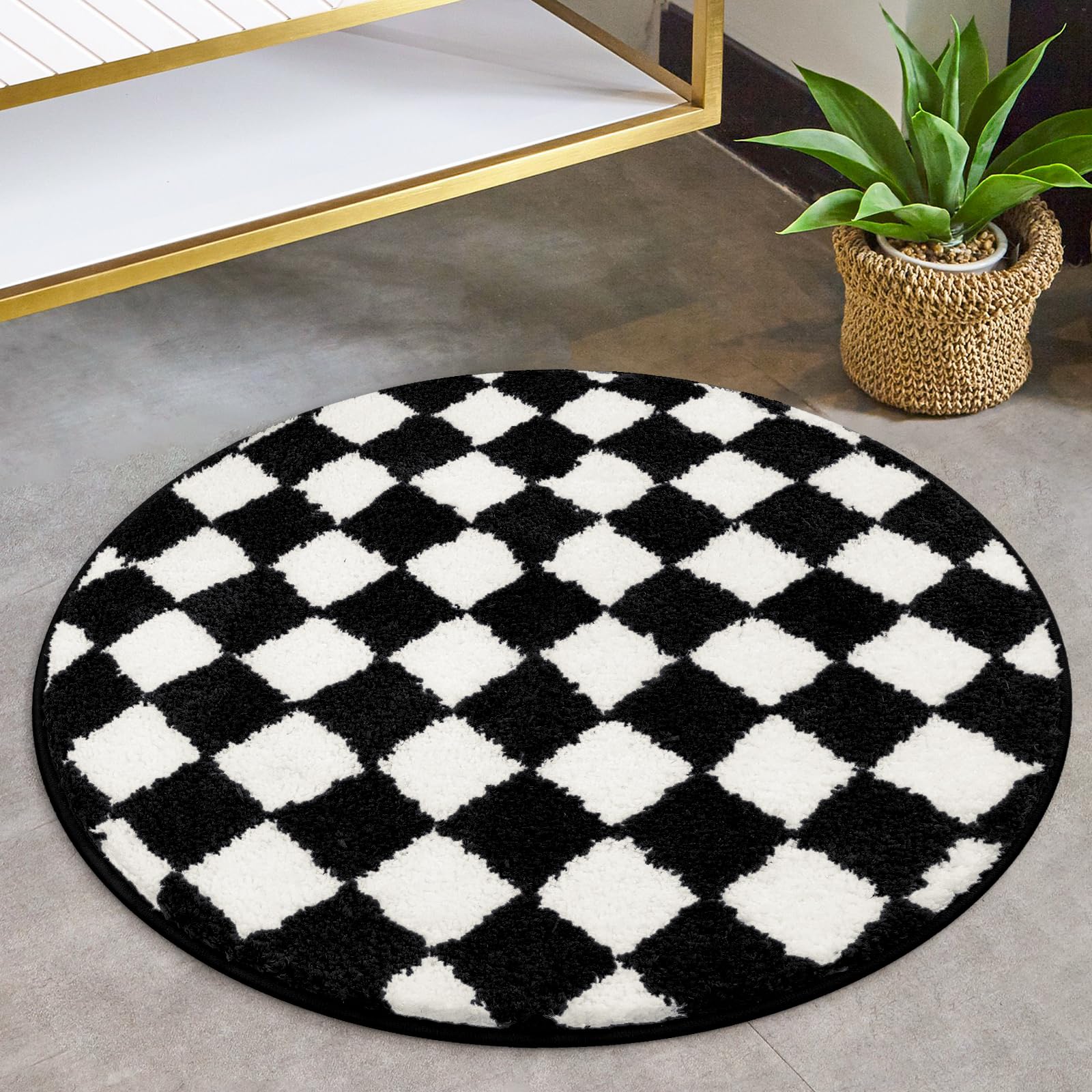 Sivilife Checkered Round Bathroom Rugs, Machine Washable Black and White 2ft Bath Rug for Bathroom Non Slip Water Absorbent Bath