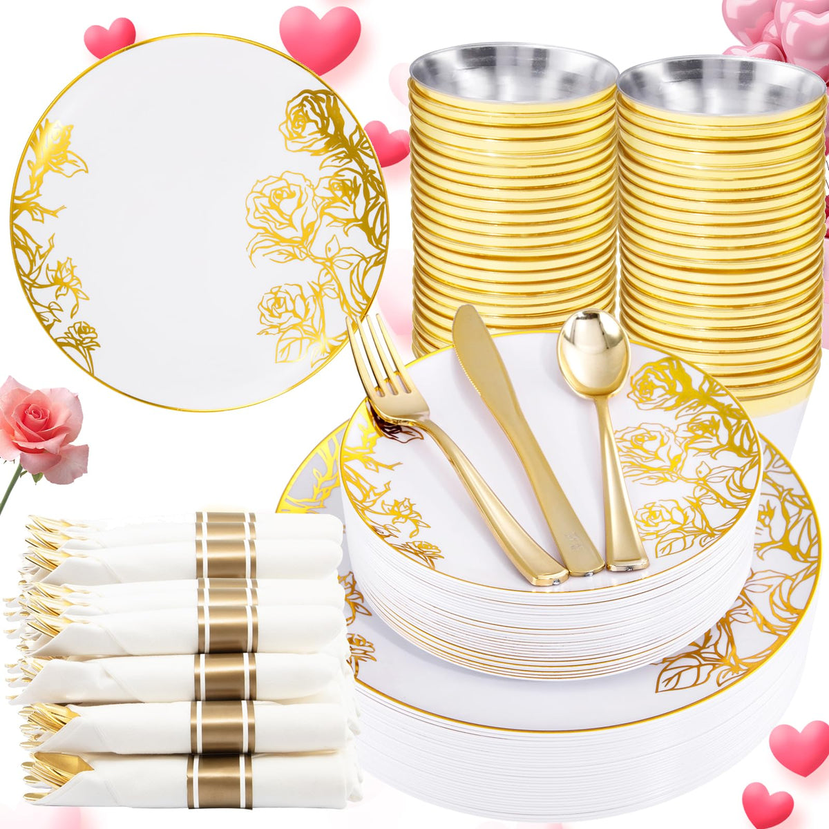 Dayammi 210Pcs Pink Gold Plastic Plates,Gold Disposable Dinnerware Set Includes 60 Gold Pink Plates,30 Gold Plastic Silverware,3