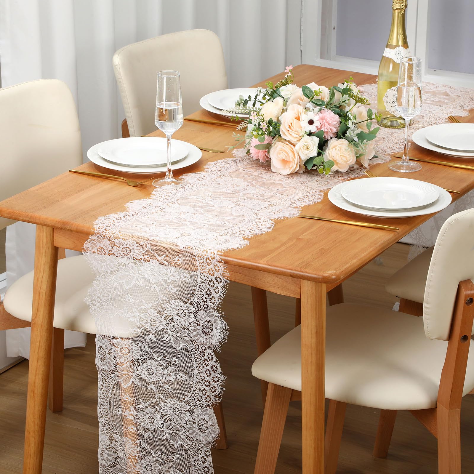 Coume 8 Pack Lace Table Runner 14 x 120 Inch White Rustic Lace Fabric Table Runners with Rose Embroidered Floral for Wedding Bri