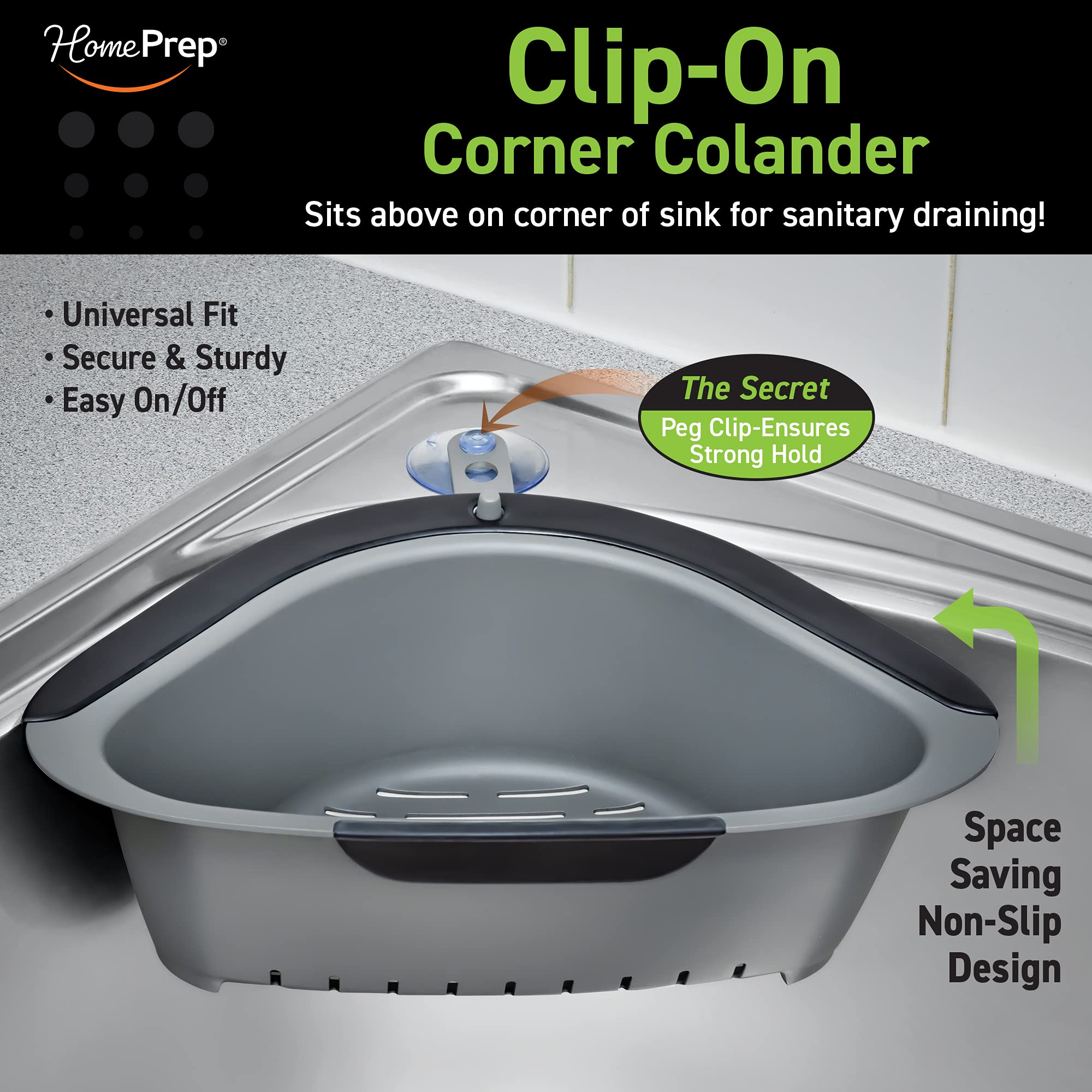 Homeprep Clip Colander, Anti-Slip, Sink Corner Strainer Machine Washable Drain, Kitchen Utensil Storage Rack Holder, Gray