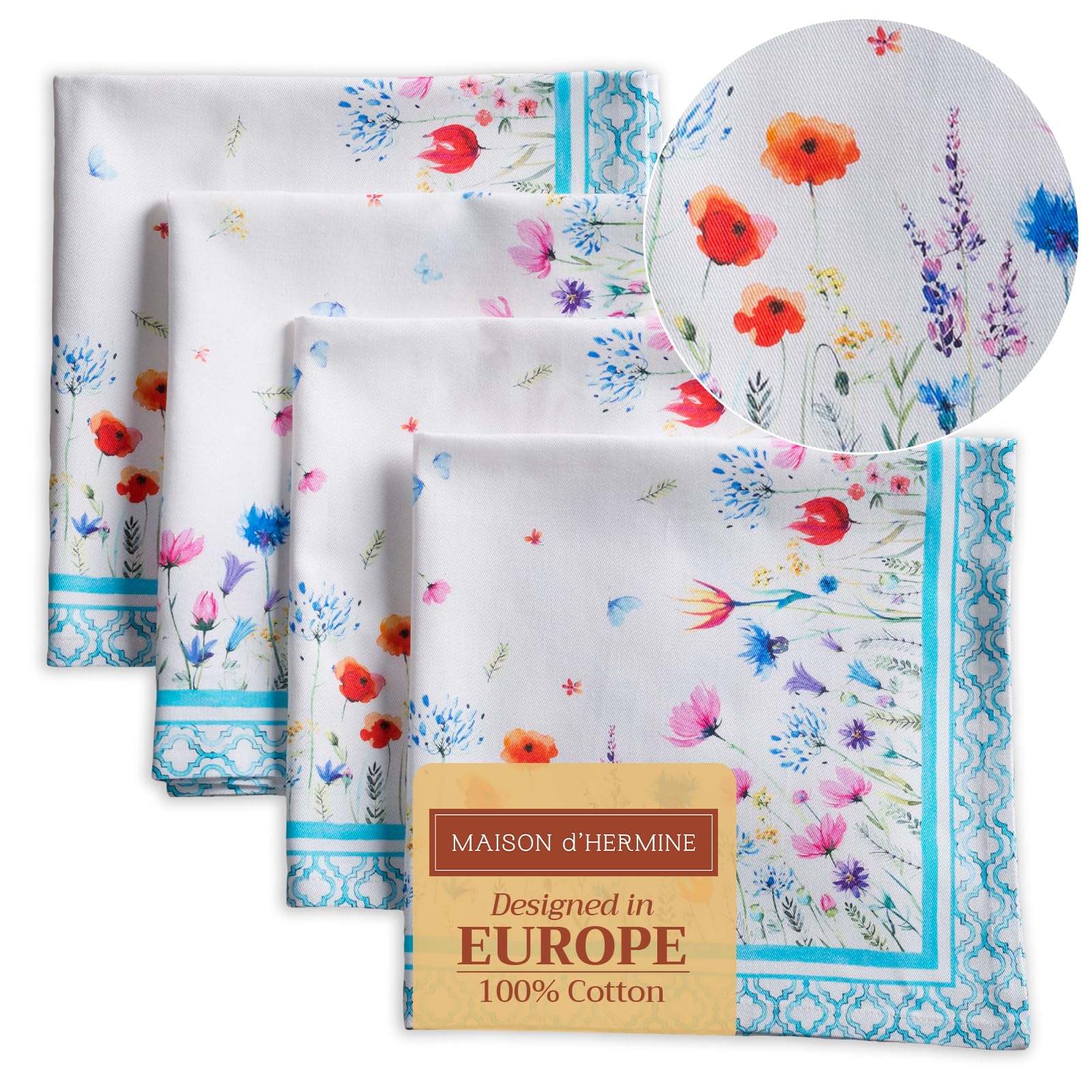 Maison d' Hermine Napkins 100% Cotton Set of 4 Decorative Cloth Napkin Washable Dinner Napkins for Gifts  Holiday  Dinner  Wedding & Dining  Flower in The Field - Spring/Summer (20?x20?)
