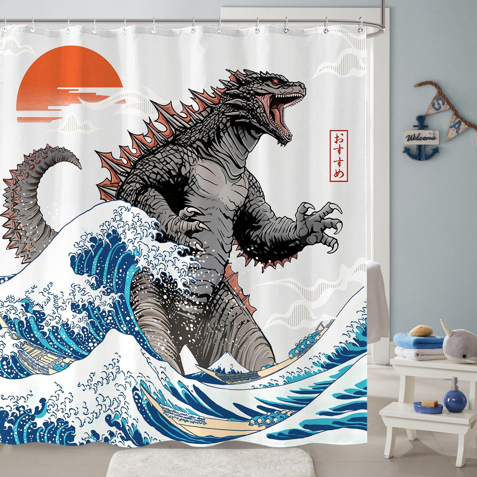 Wegklazax Dinosaur Shower Curtain, 72"x72", Polyester, Japanese Monster, Includes 12 Hooks, Funny Ocean Wave Design