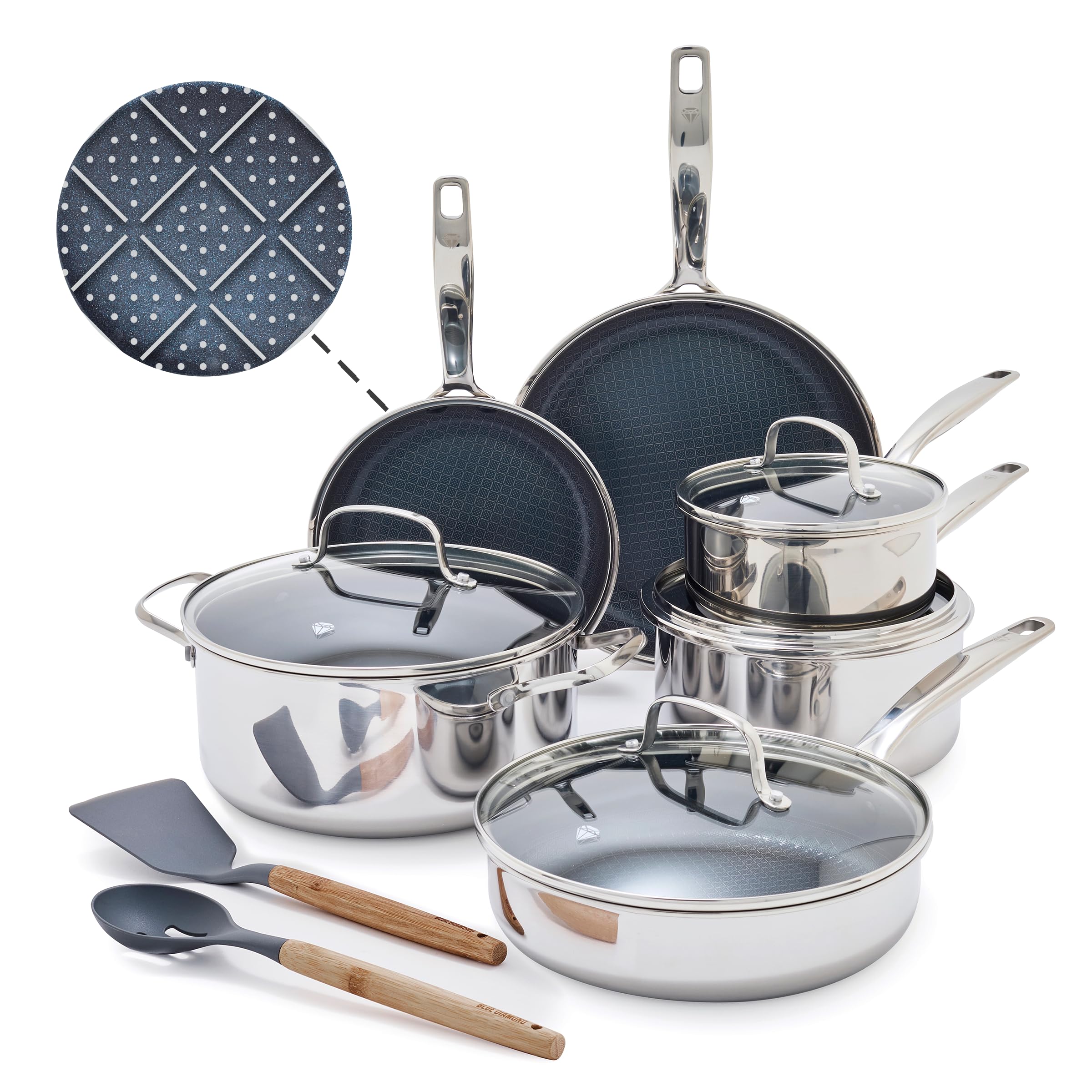 Blue Diamond Hybrid Nonstick Stainless Steel 12 Piece Cookware Set, Tri-Ply PFAS-Free Ceramic Diamond Bond Pots & Pans, Dishwash