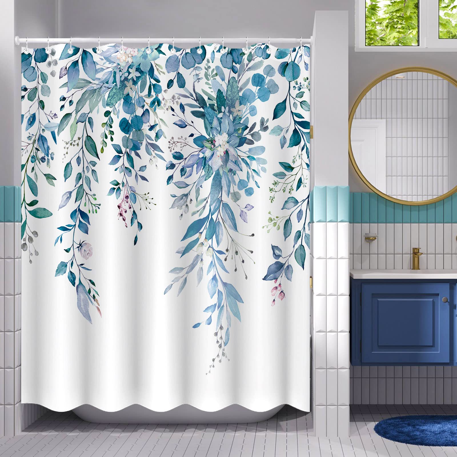 Zussun Blue Eucalyptus Shower Curtain Watercolor Floral Plant Leaf Shower Curtains for Bathroom Botanical Flower Waterproof Fabric Bath Curtain Decor with Hooks (Blue  72'' x 72'')